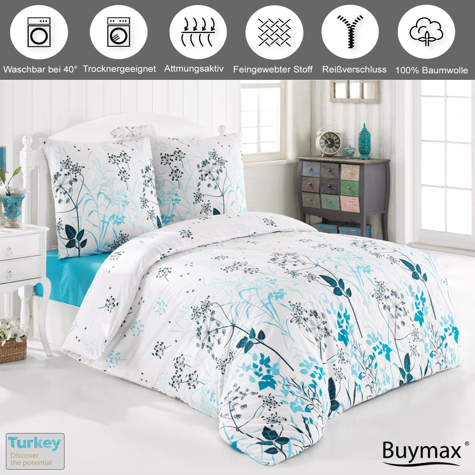 Bettwäsche, Buymax, Renforcé, 2 teilig, 100% Baumwolle, in Renforcé Qualität, Bettwäsche-Set in 135x200 cm, 155x220 cm, 200x200 cm und 200x220 cm, Bett- und Kopfkissenbezug mit Reißverschluss