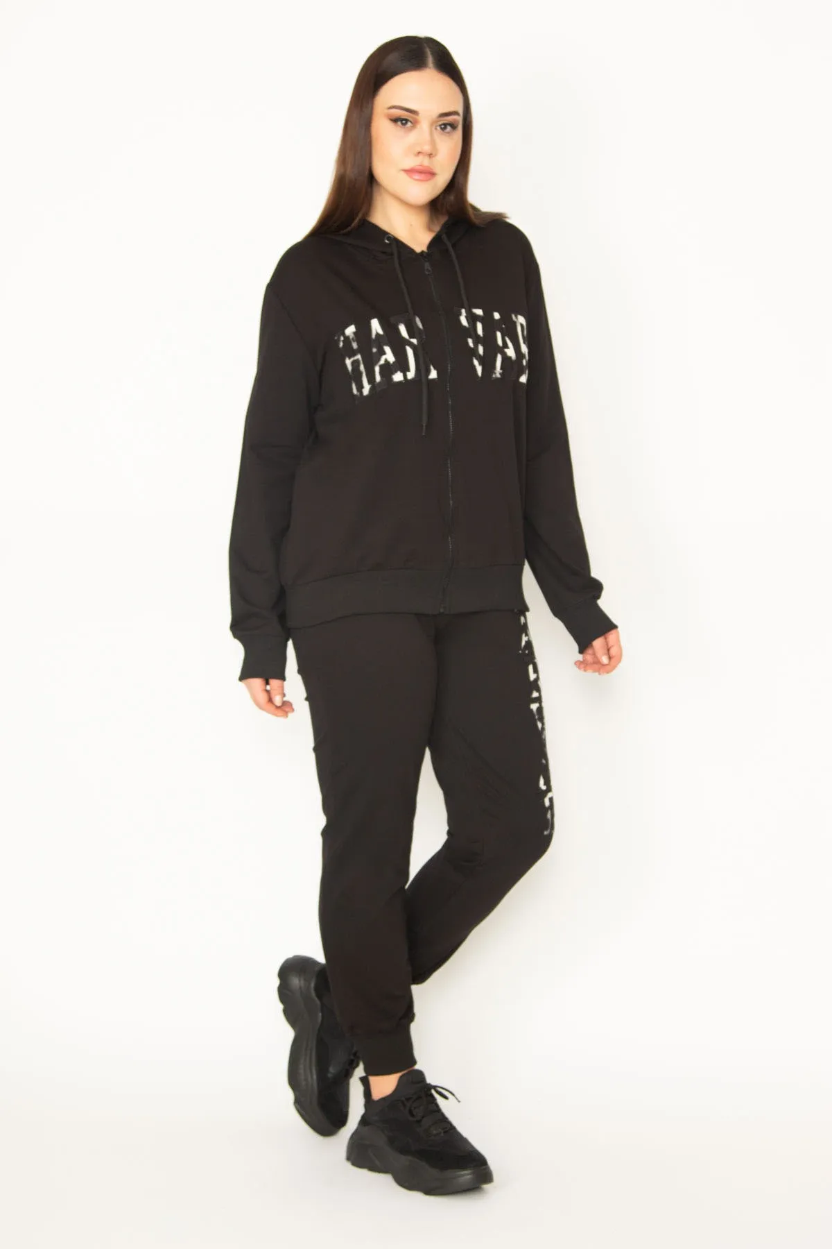 Şans  Damen-Trainingsanzug in großer Größe, schwarz, mit Kapuze, Reißverschluss vorne, detaillierte Sweatshirt-Hose, 65n31333