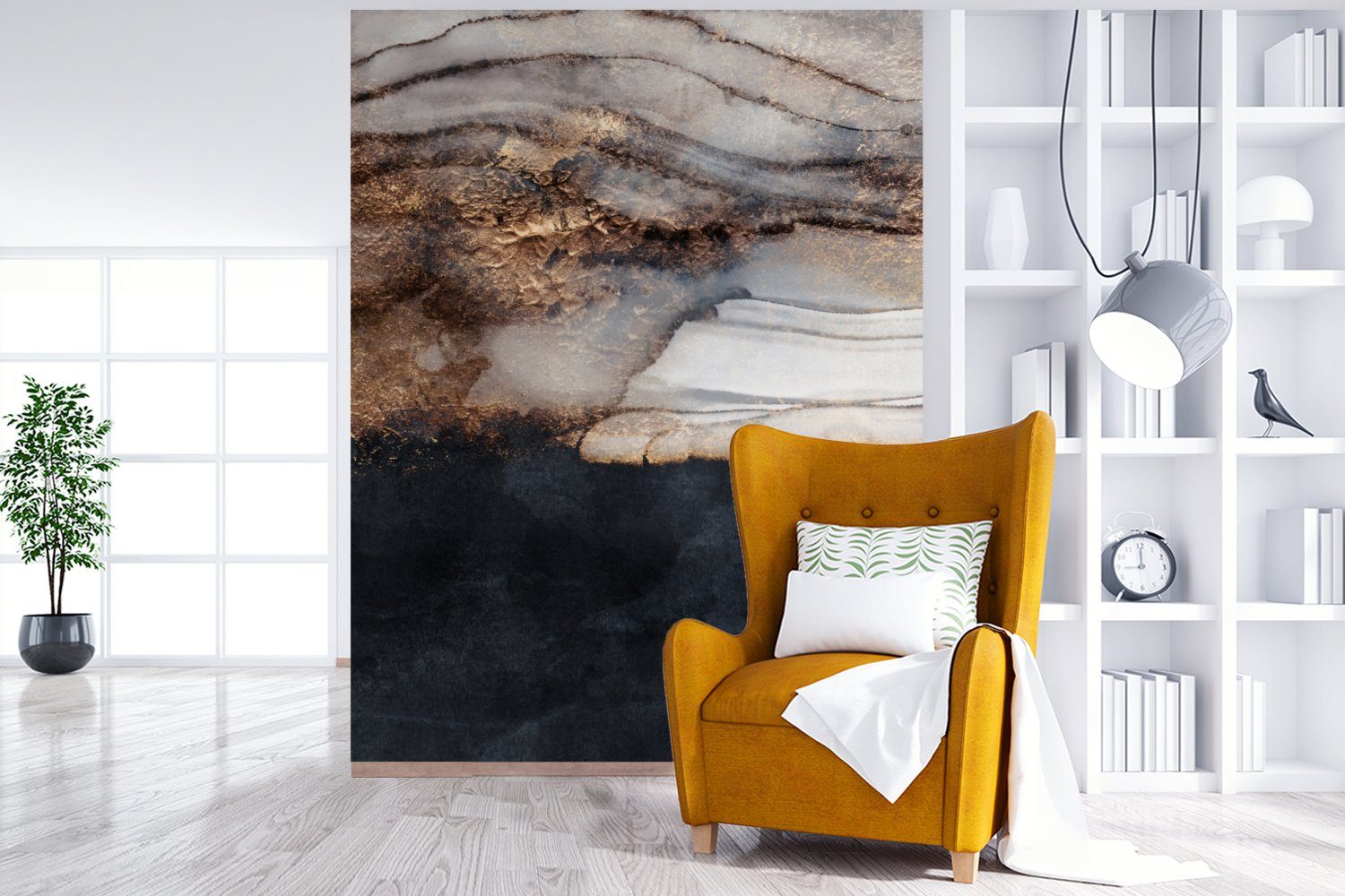 MuchoWow Fototapete Sturm - Gold - Abstrakt, Matt, bedruckt, (4 St), Montagefertig Vinyl Tapete für Wohnzimmer, Wandtapete