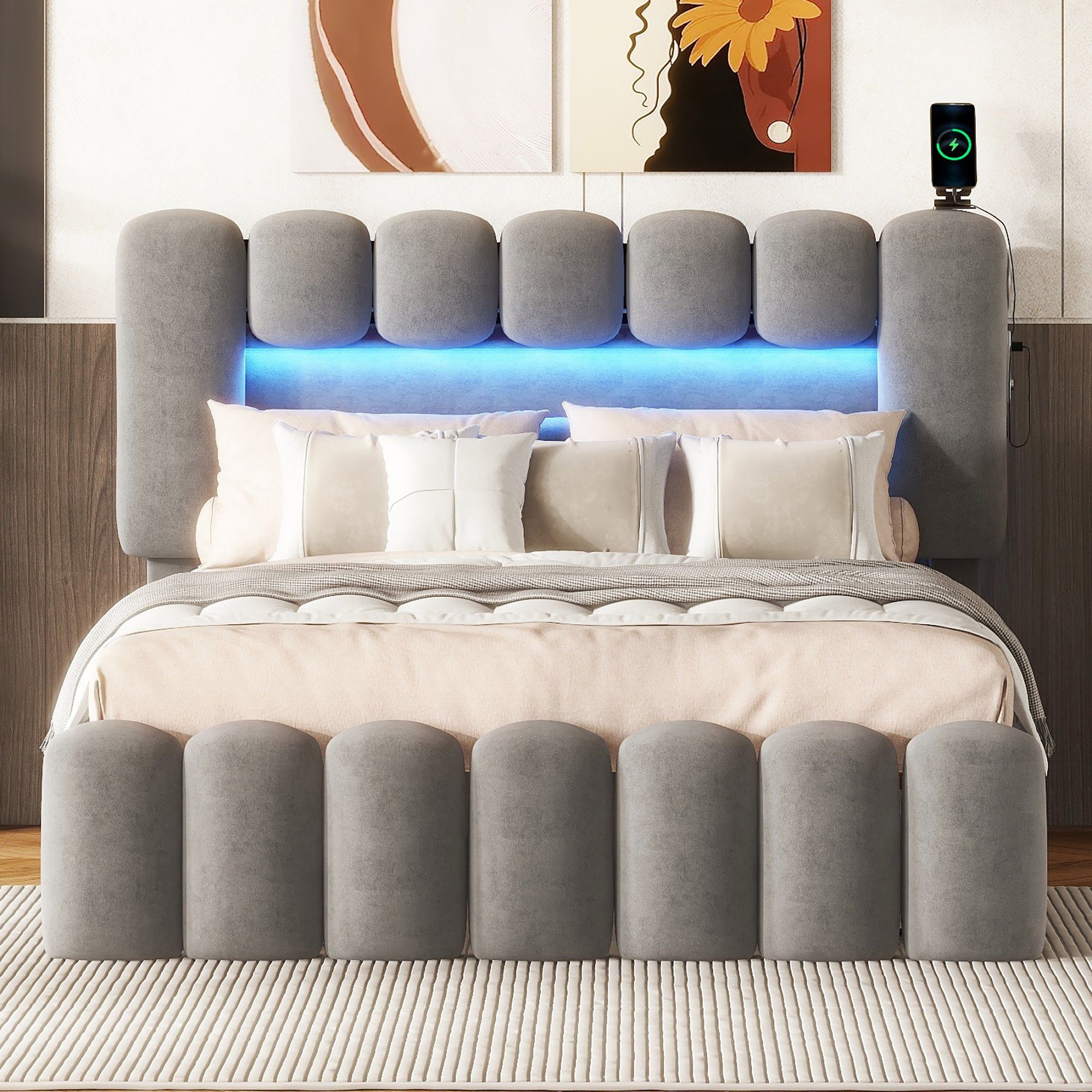 HAUSS SPLOE Polsterbett Polsterbett Funktionsbett Bettrahmen KInderbett Doppelbett (mit 4 Schubladen und LED-Lichtleiste, Jugendbett mit USB und Stereoanlage), 140*200 cm, Grau
