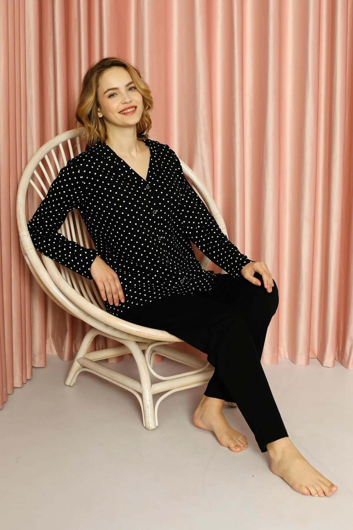 AHENGİM  Pyjama-Set für Damen, Interlock, gepunktet, durchgehend geknöpft, Baumwolle, saisonal, W20512278
