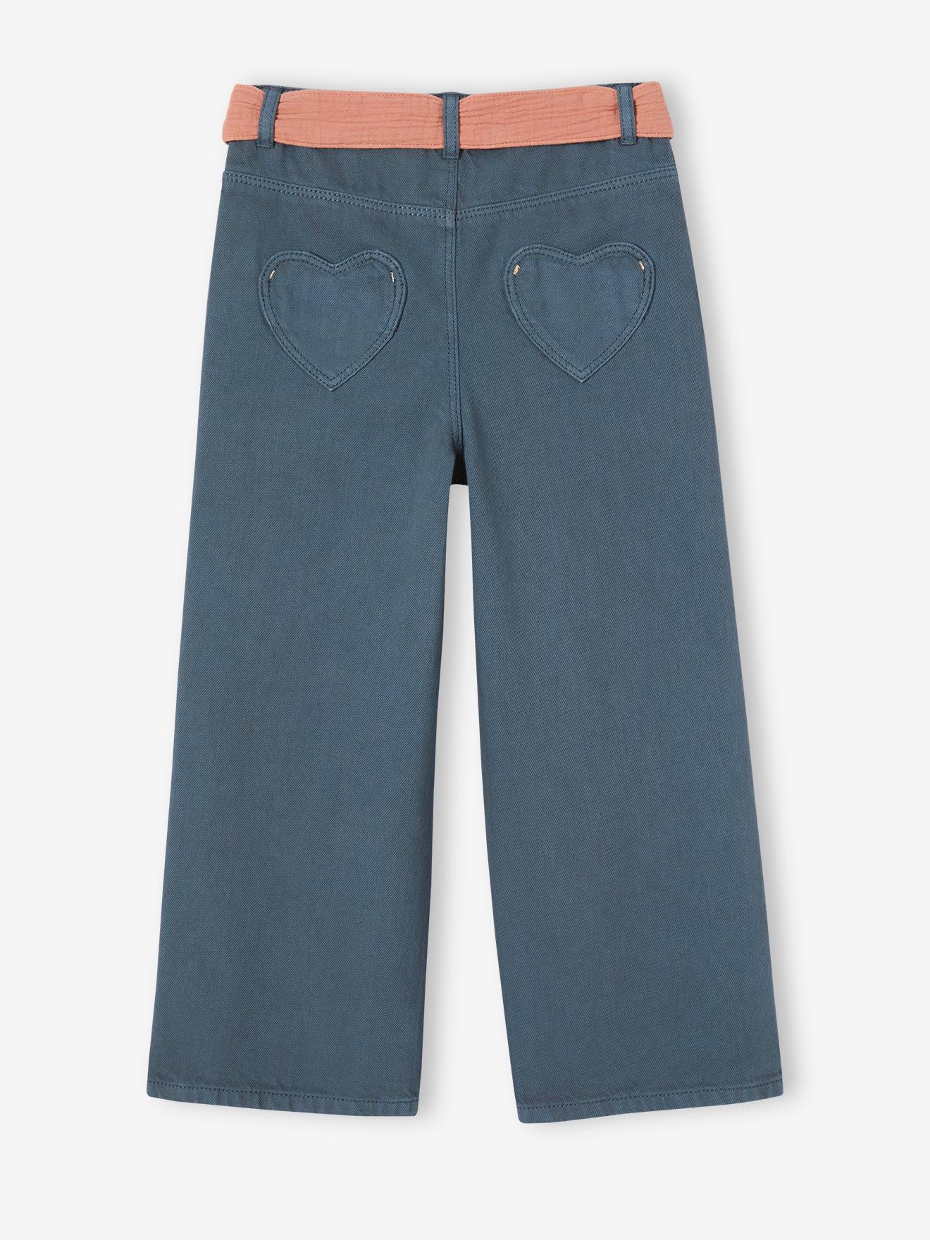 Pantalon évasé fille avec ceinture en gaze de coton encre