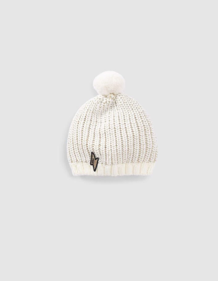 Bonnet écru tricot lurex doré badge éclair bébé fille