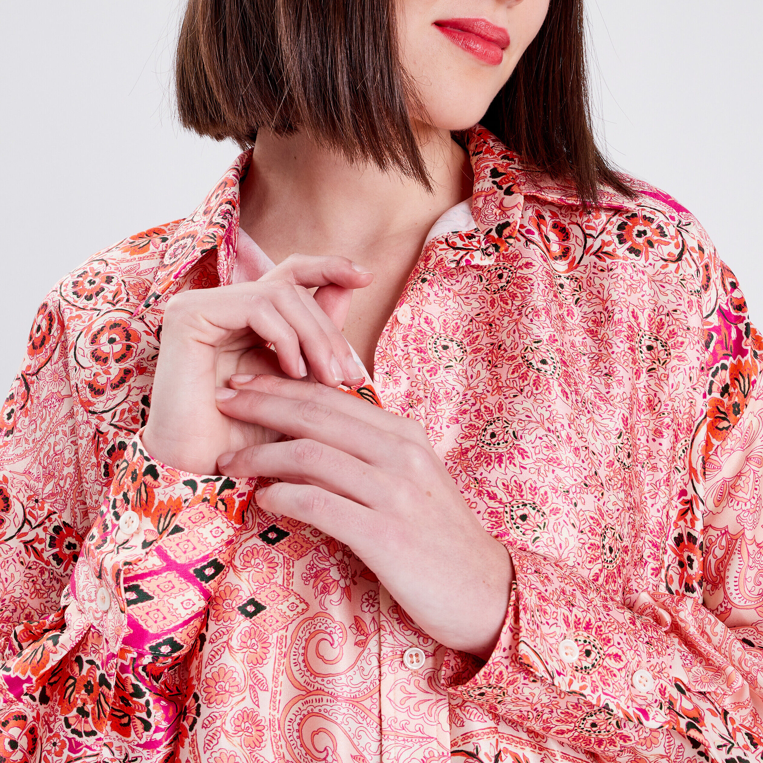 Chemise manches longues satin rose pastel femme | Cache Cache