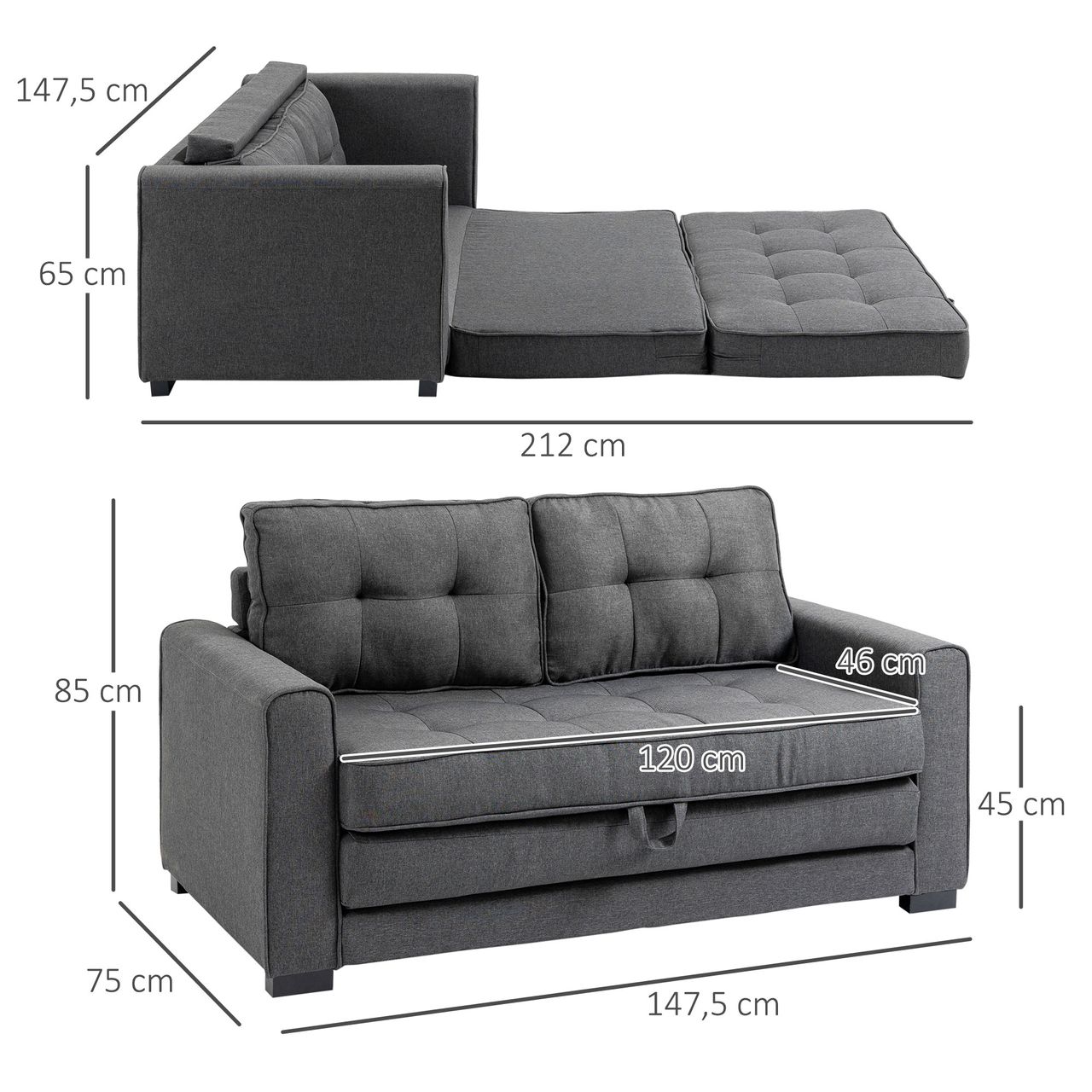 HOMCOM Schlafsofa Klappsofa 2-Sitzer Stoffsofa Leinen-Touch Gummiholz Grau