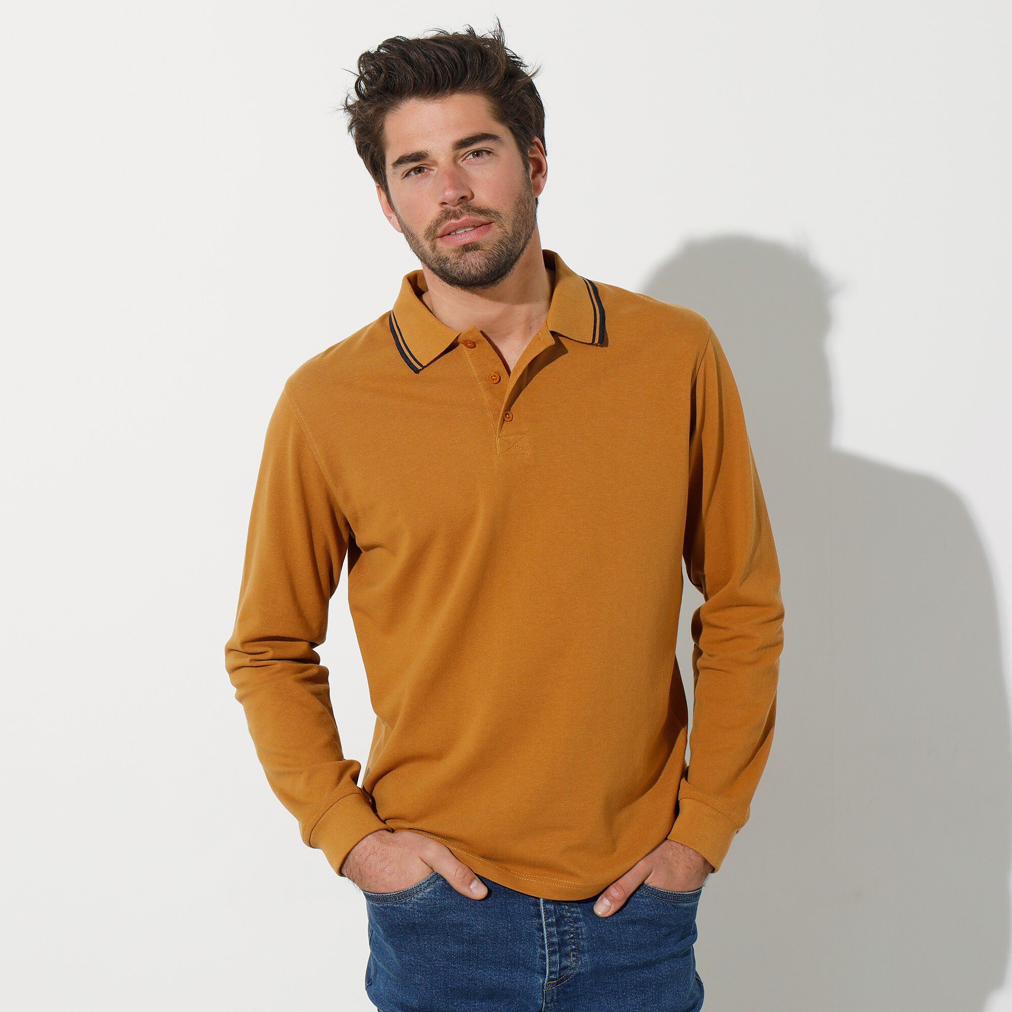 Polo uni maille piquée manches longues
