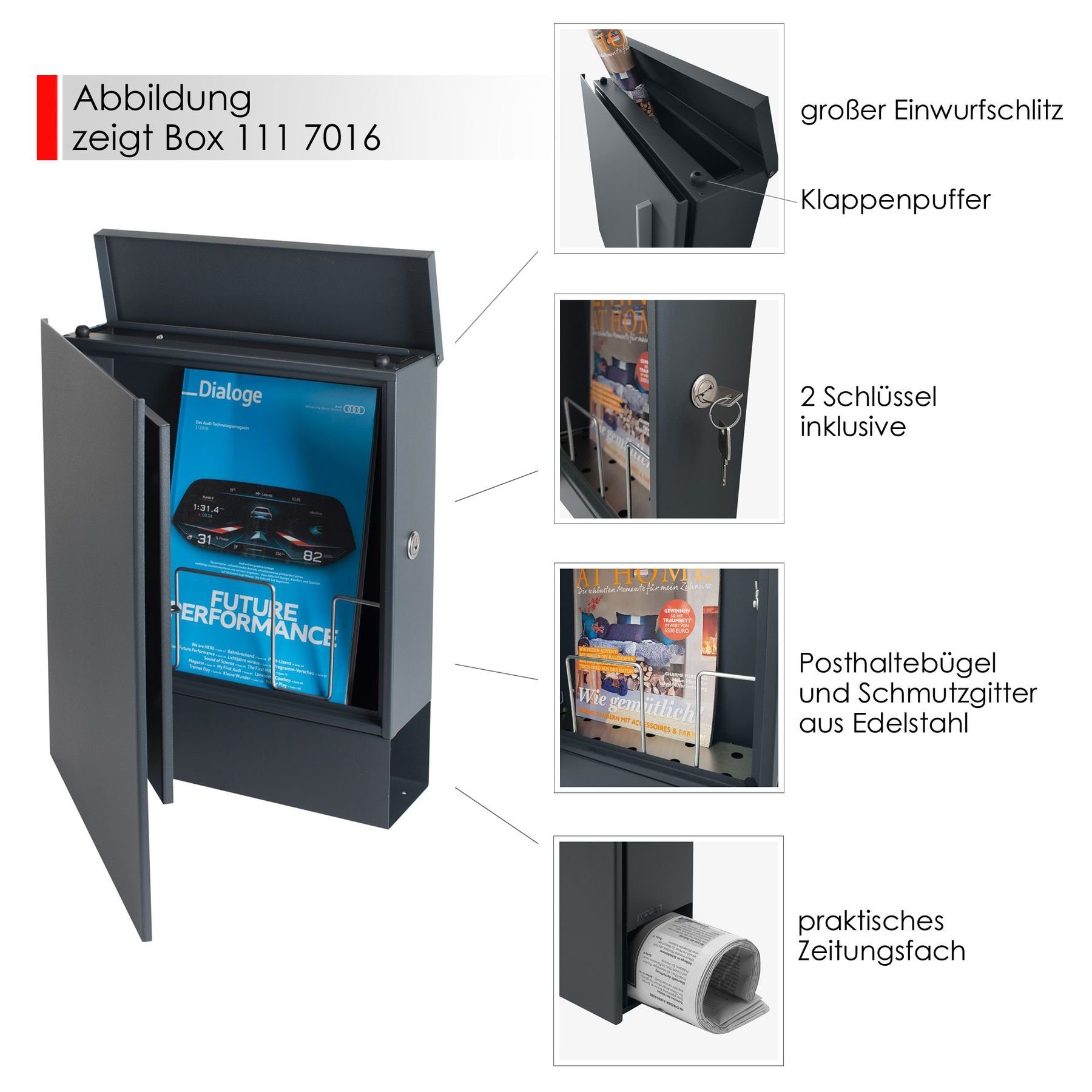 MOCAVI Briefkasten MOCAVI Box 111 VA Premium Edelstahl-Briefkasten mit Zeitungsfach in Edelstahl V2A Wandbriefkasten, integriert; passender Verschluss (zusätzlich bestellbar) für Wetterseite, beidseitig nutzbar: Box Vers 1 VA