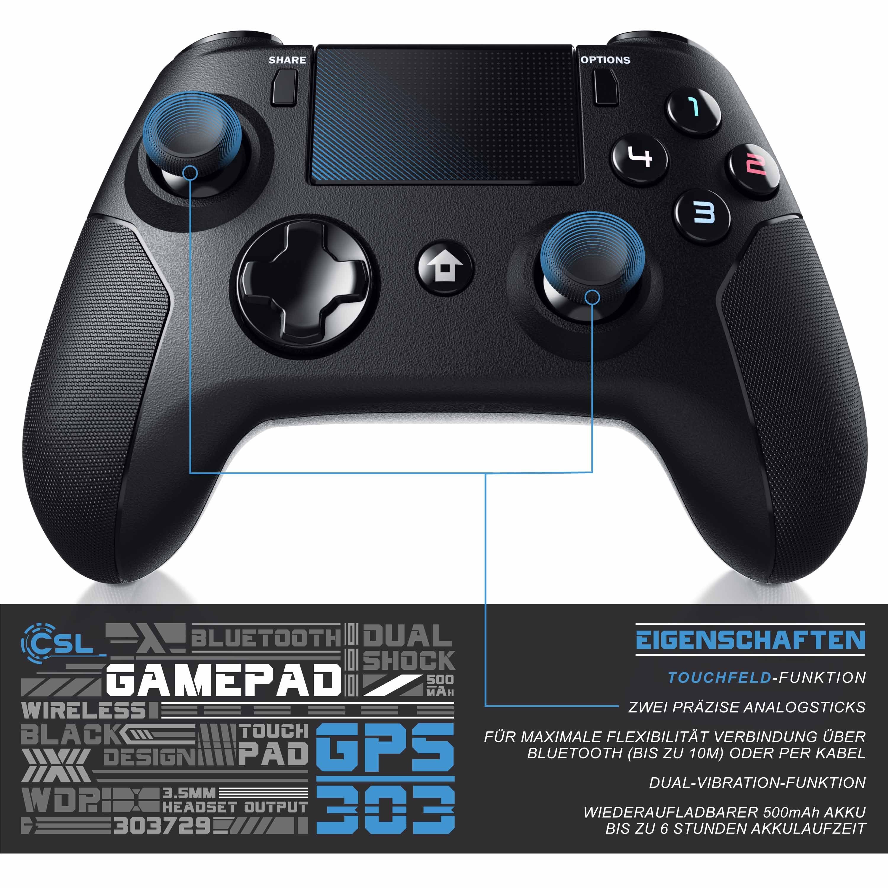 CSL PlayStation 4-Controller (1 St., Bluetooth Gamepad für PS4, Dual Vibration, Touchpad, 3,5mm, Gyrosensor)