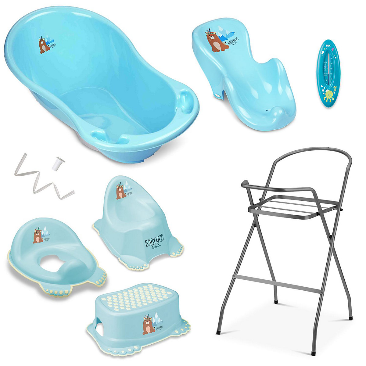 Baby Badewanne 7 Set - Baby Wanne, Badesitz, Ständer, Abfluss, Töpfchen, Hocker, Toilettentrainer.