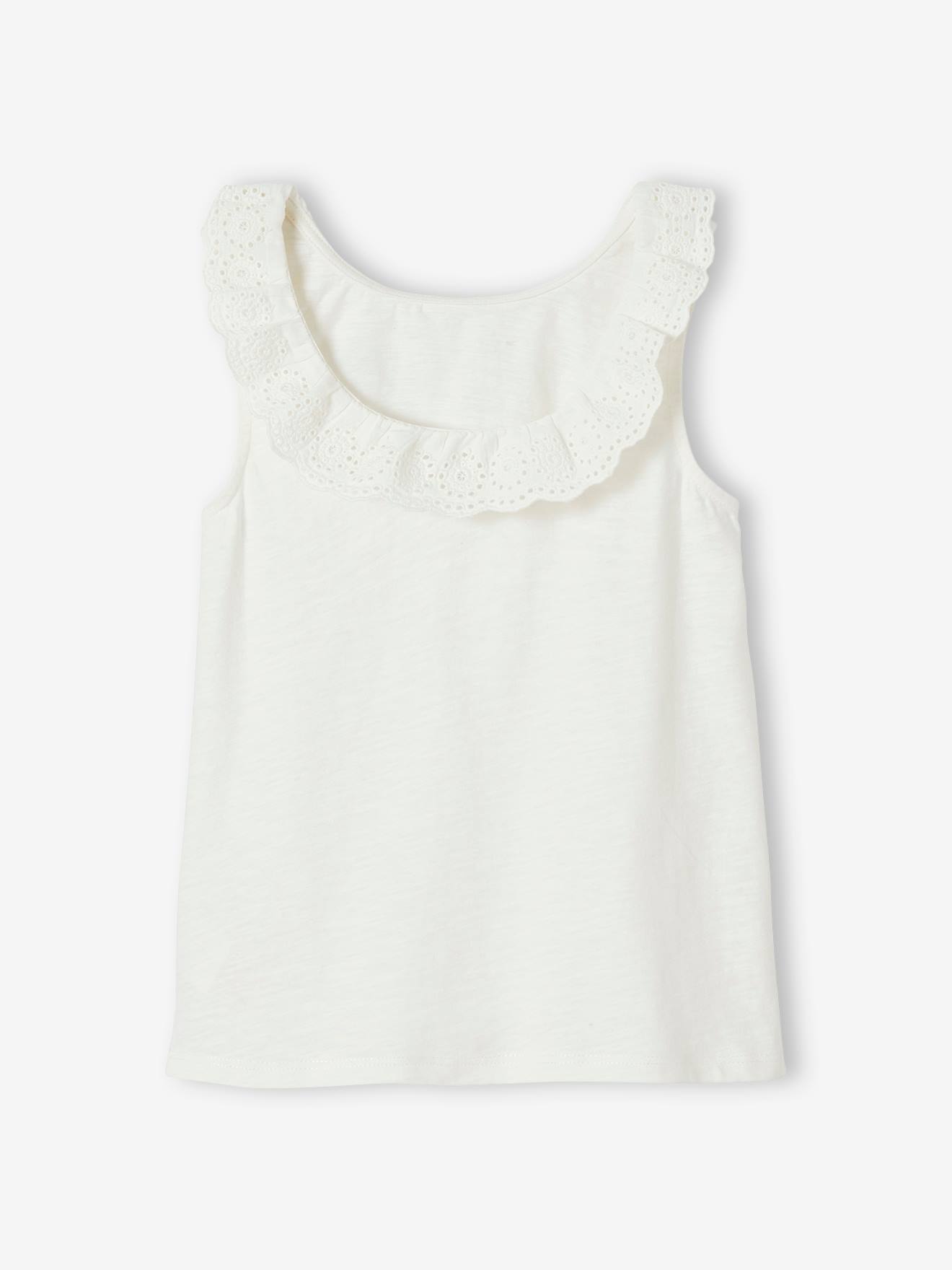 Débardeur fille col volanté en broderie anglaise bleu