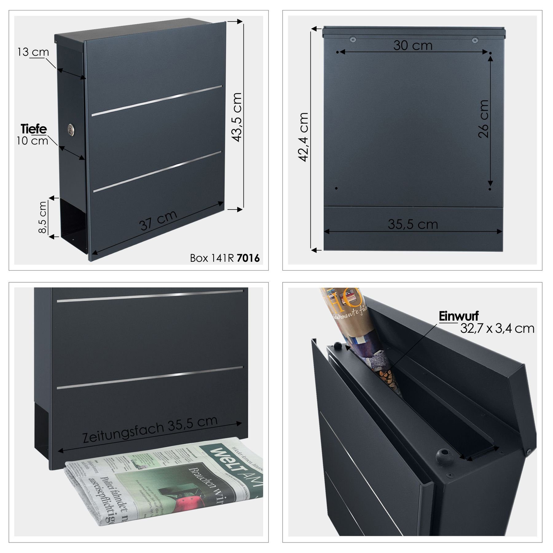 MOCAVI Briefkasten MOCAVI Box 141R Design-Briefkasten mit Zeitungsfach grau-eisenglimmer (DB 703) mit Edelstahl-Detail, integriert, passender Verschluss (zusätzlich bestellbar) für Wetterseite, beidseitig nutzbar: Box Vers 1 VA