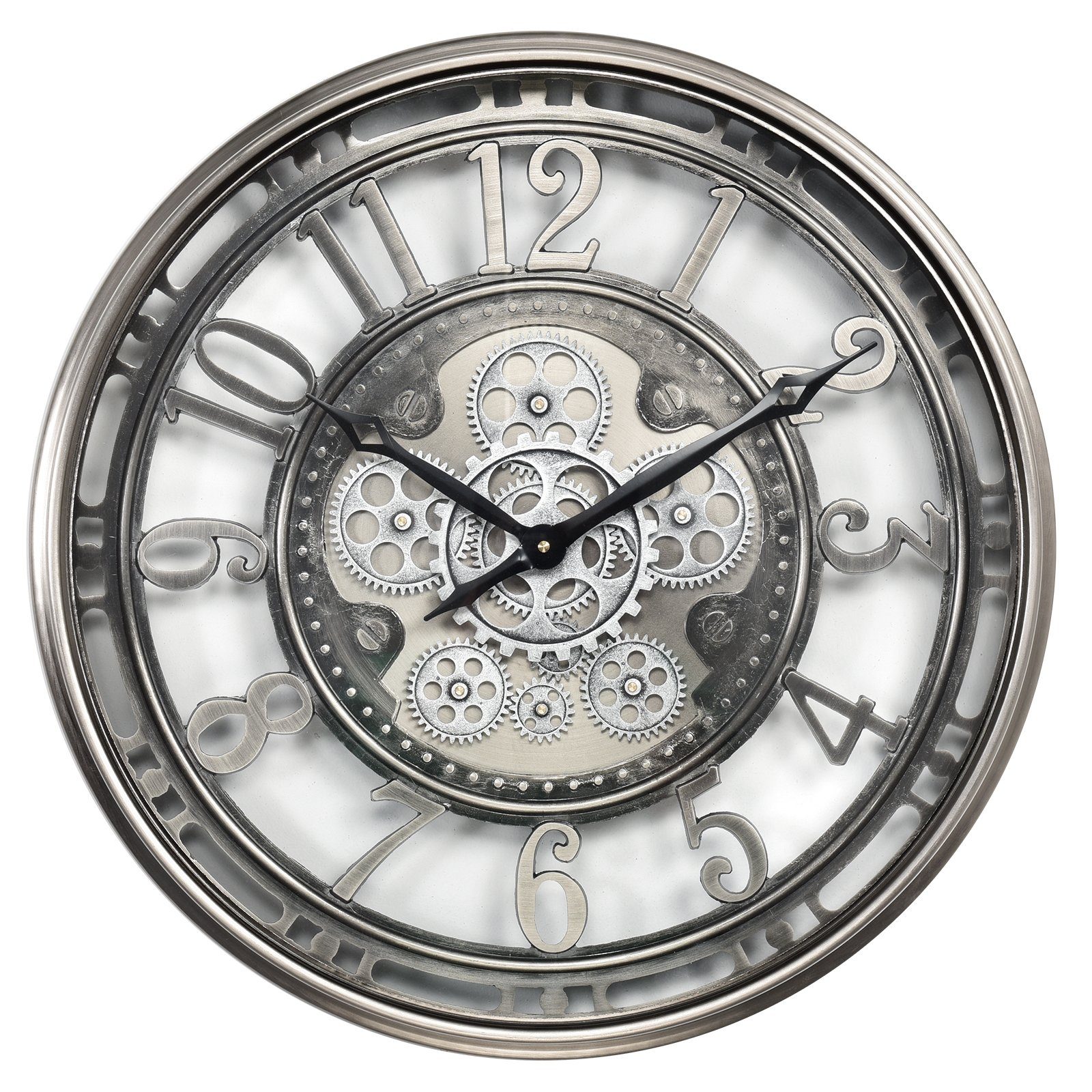 Samilito Wanduhr 53,3 cm mit echtem Bewegungsgetriebe Zahnrädern Silber