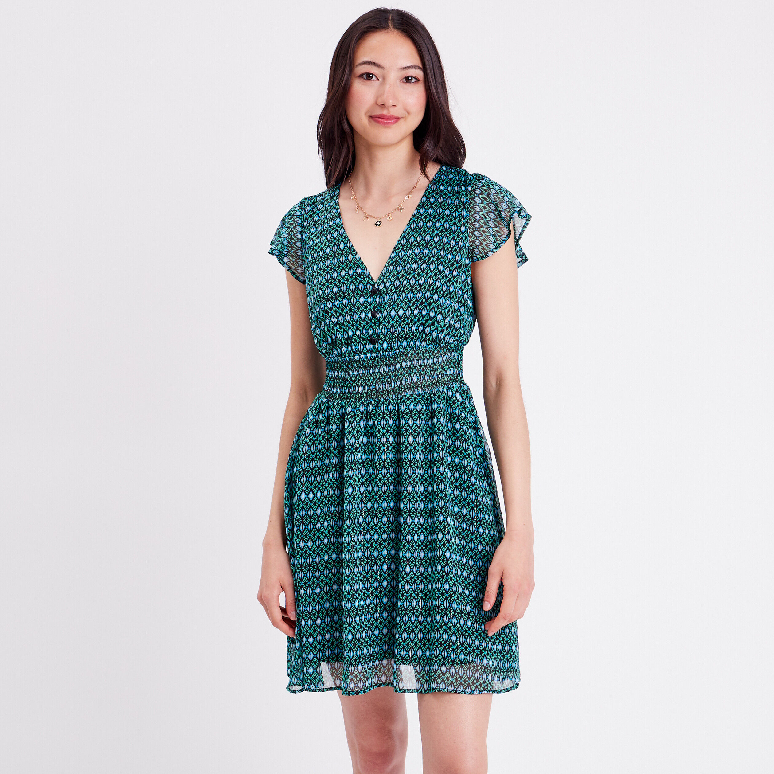 Robe évasée manches courtes bleu femme | Cache Cache