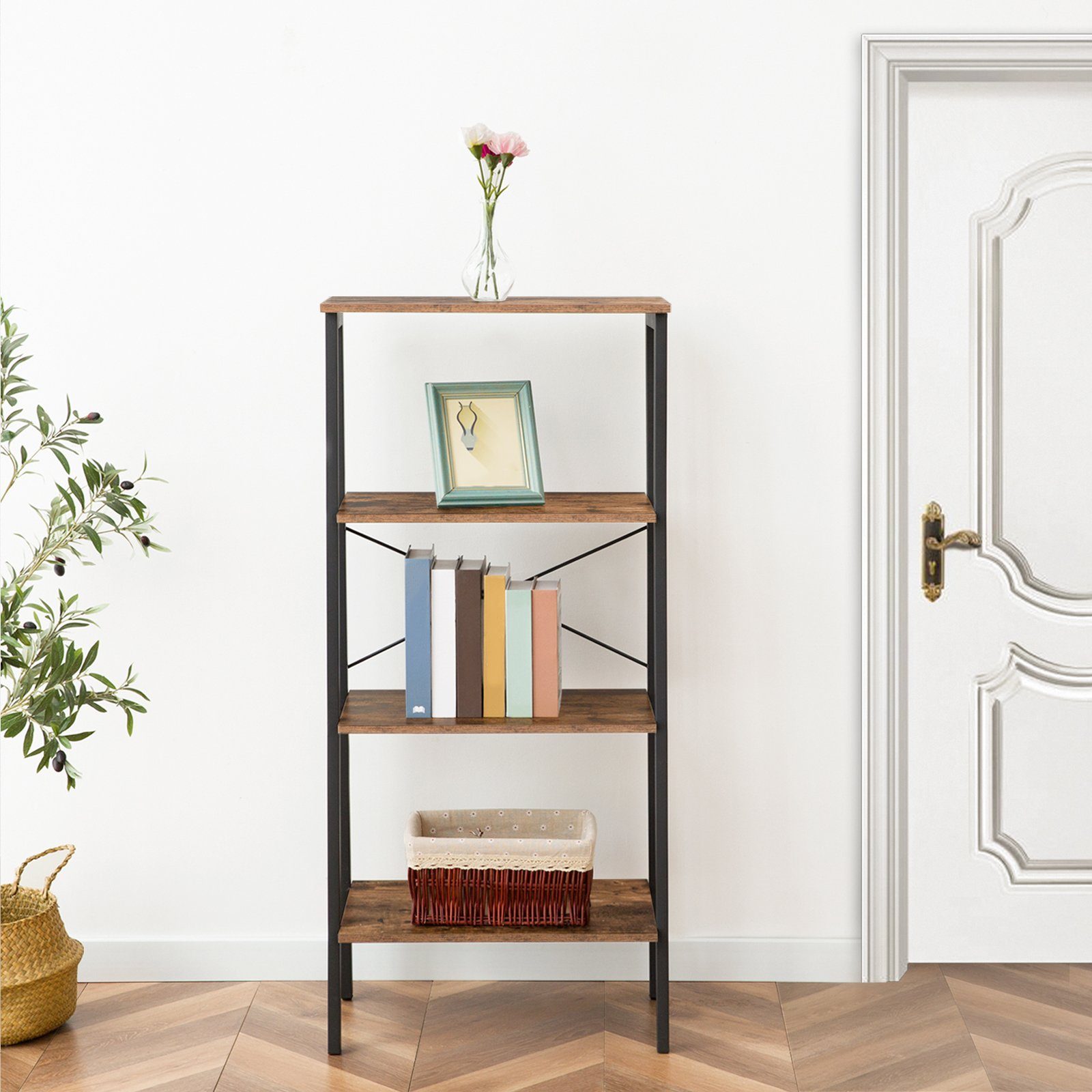 BERLINLODGE® Bücherregal Bronx, Leiterregal Standregal vintage-braun industry-style, für Wohnzimmer, Büro, Schlafzimmer, Küche