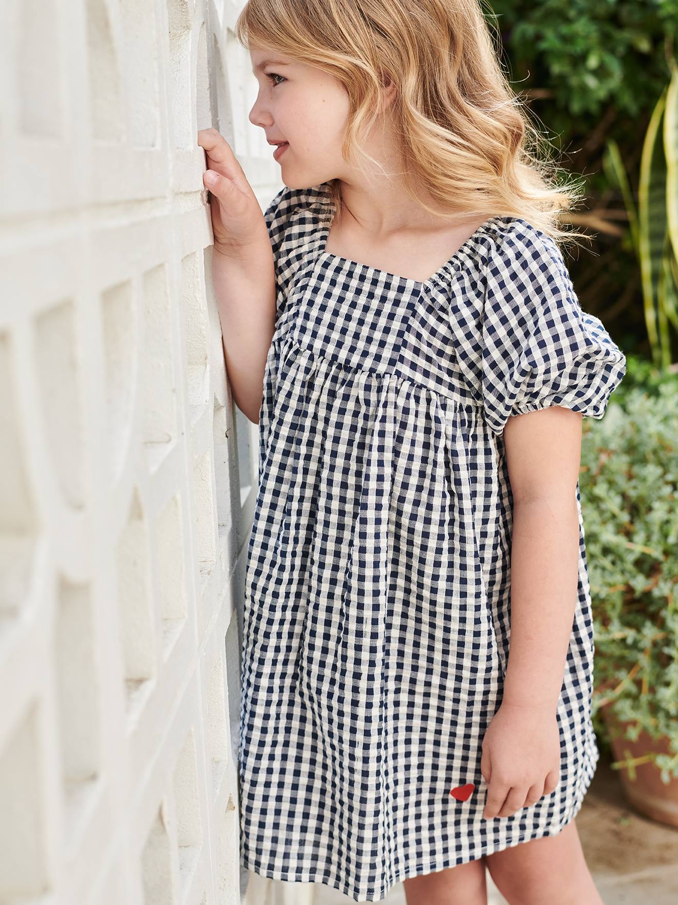 Robe à carreaux vichy fille manche boules carreaux marine