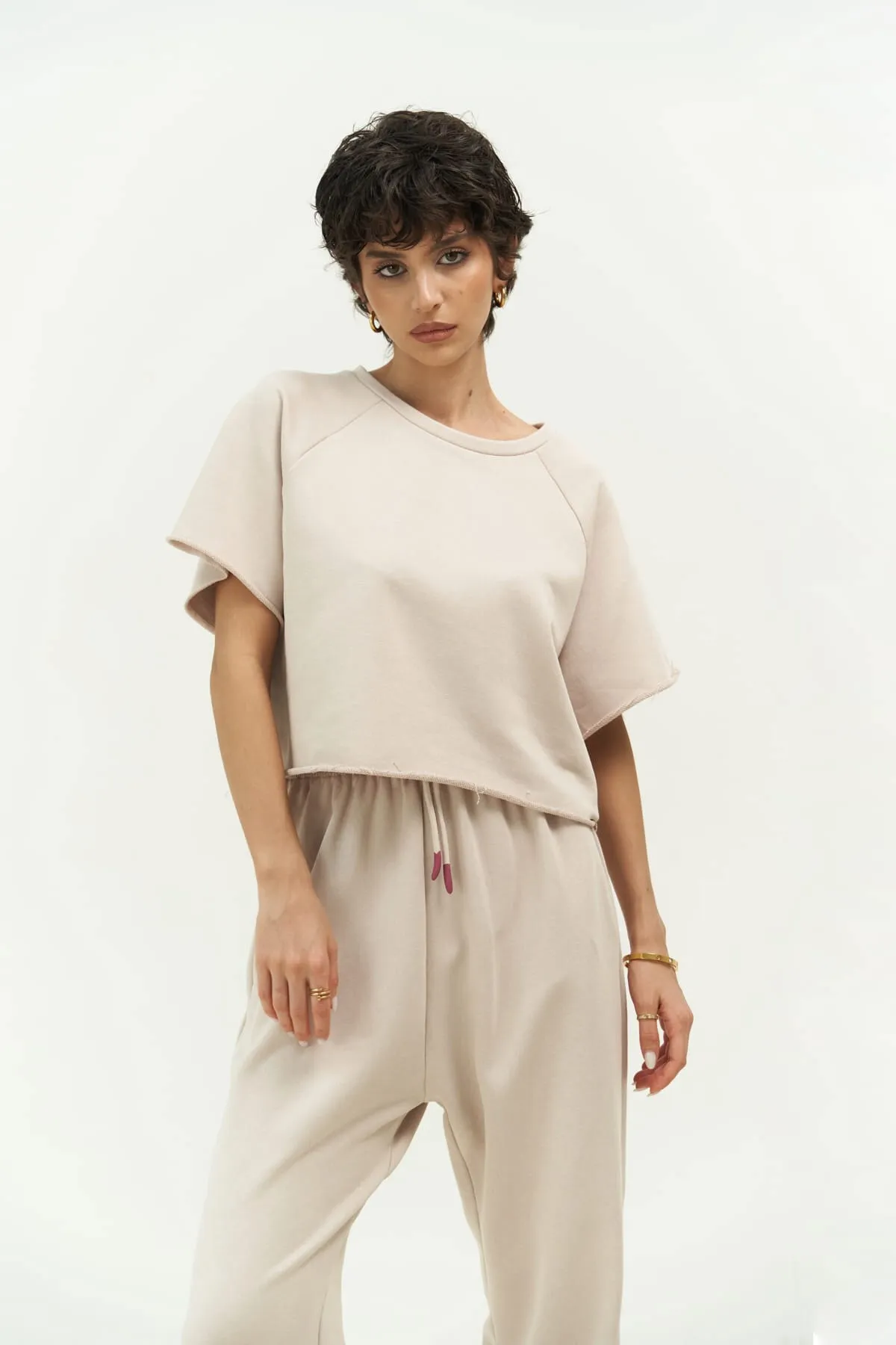 MAİ COLLECTİON  Vero Beige Crop-Trainingsanzug-Set