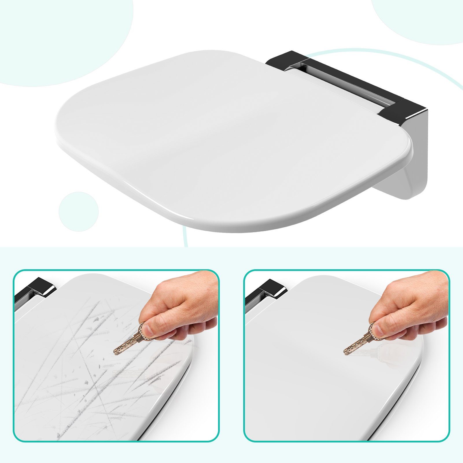 HEUFFE Duschklappsitz zur wandmontage, für Senioren & Kinder, klappbar, rechteckig, schwarz, belastbar bis 200,00 kg, modern, gebogenes Design, mit Anti-Rutsch-Polster, EUIPO-zertifiziert