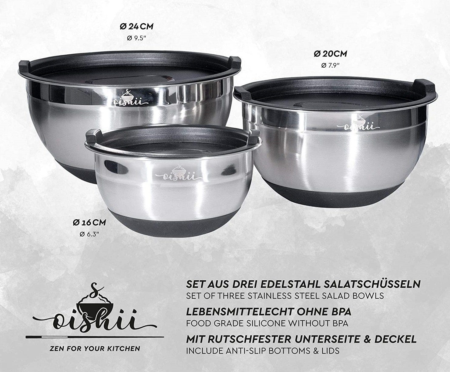 OISHII Salatschüssel Edelstahl Schüssel Set mit Deckel, Edelstahl, (Set, 3-tlg), anti-rutsch, stapelbar