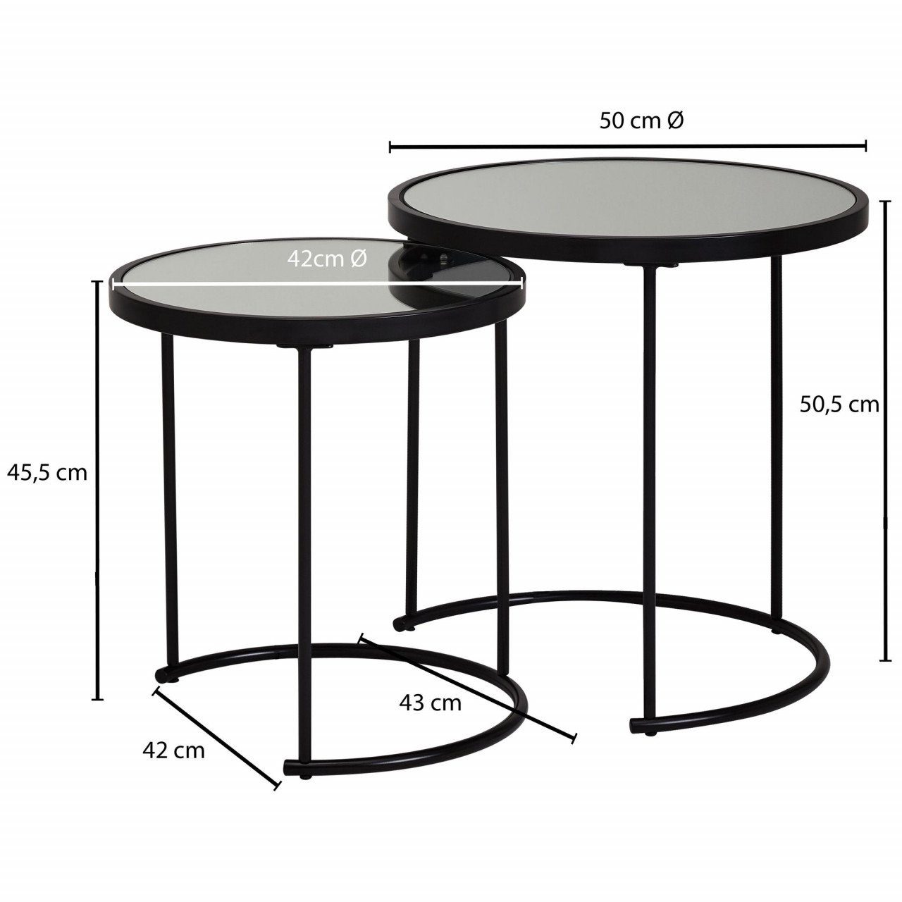 furnicato Beistelltisch Design Rund Ø 50/42 cm - 2 teilig Schwarz mit Spiegel Glas, Wohnzimmertisch