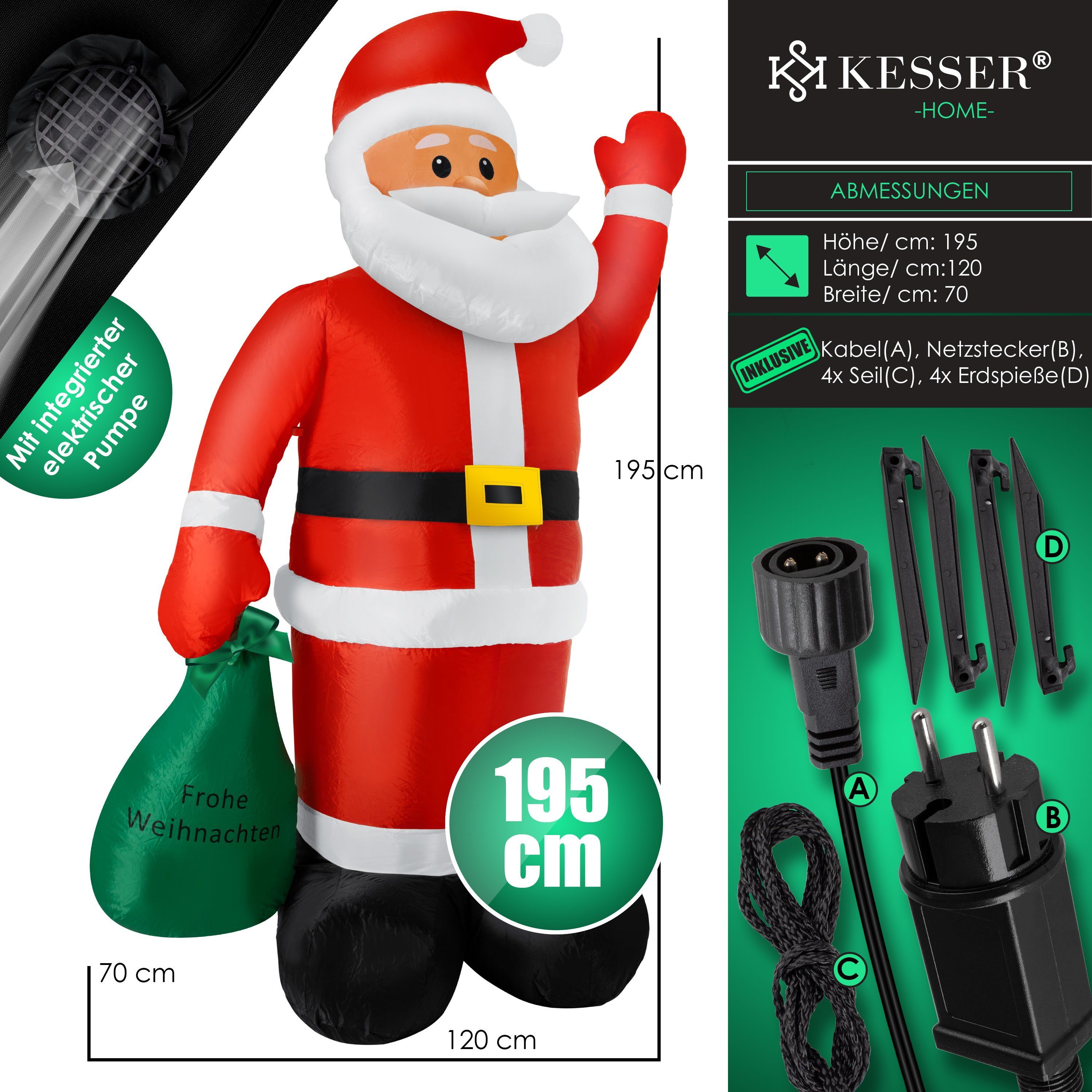 KESSER Weihnachtsfigur, Aufblasbarer Weihnachtsmann XXL LED beleuchtet + Befestigung