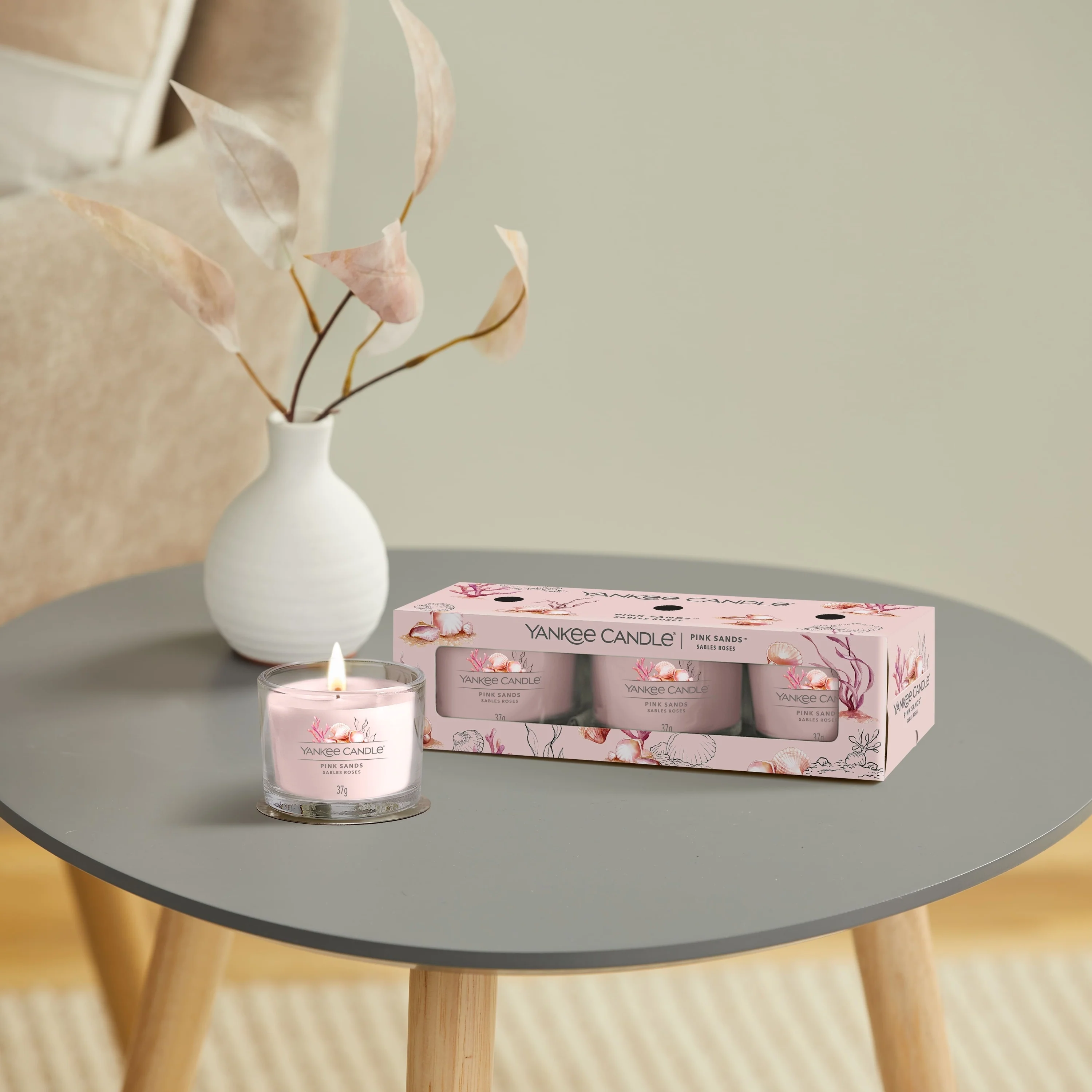 Velas votivas preenchidas com aroma de areias rosa - Vela perfumada