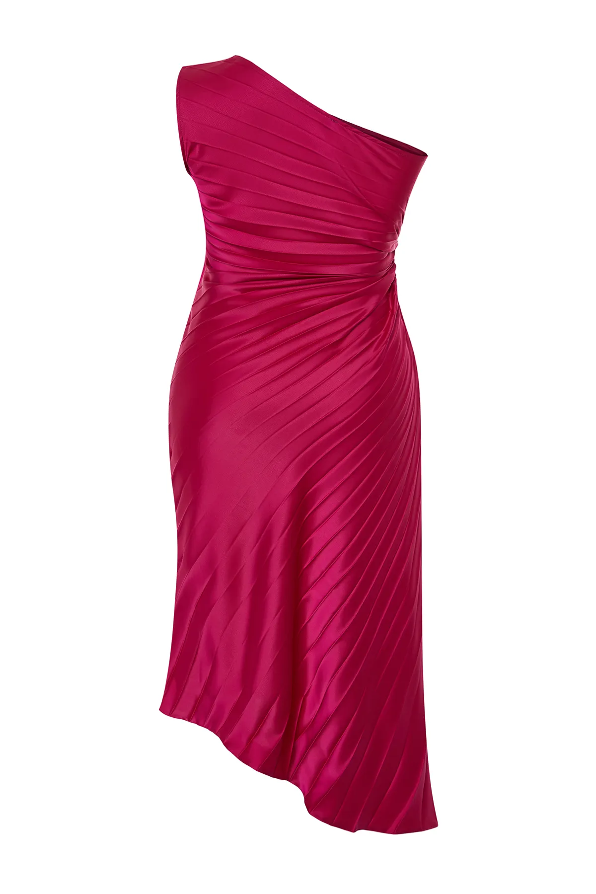 Trendyol Curve  Fuchsiafarbenes, plissiertes, gewebtes Kleid mit asymmetrischem Schnitt TBSSS24AH00155