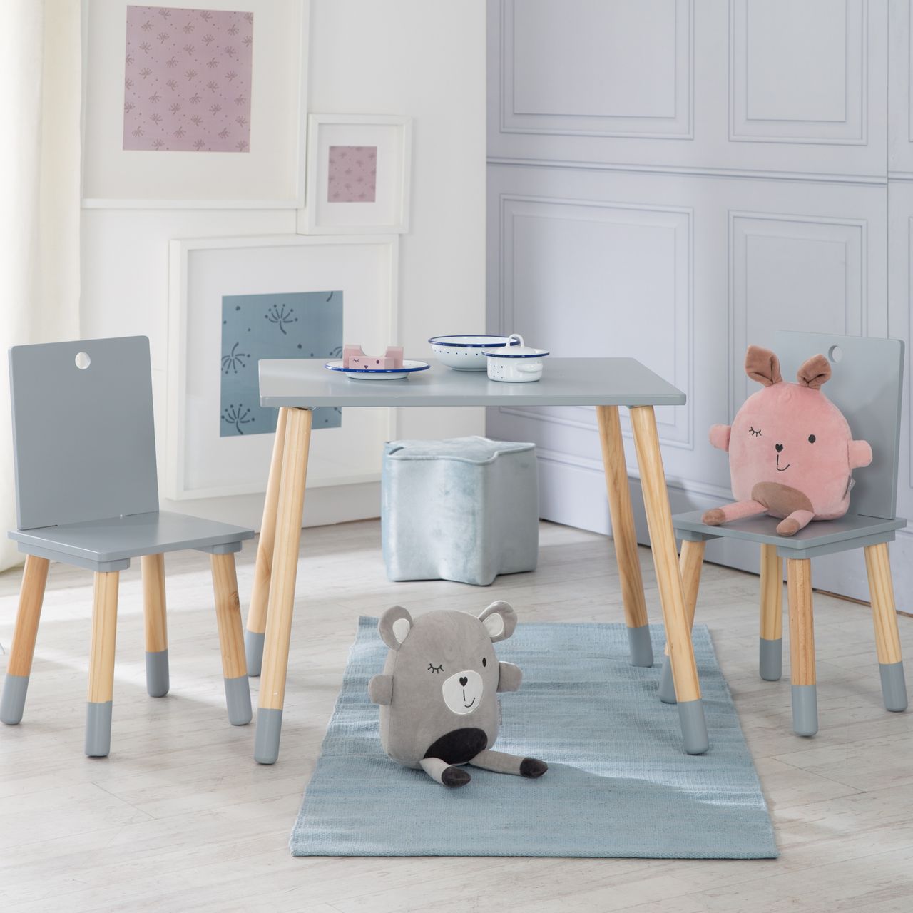 Roba Kindersitzgruppe, Kindermöbel Set, 2 Kinderstühle & 1 Tisch, Sitzgarnitur Holz, grau lackiert