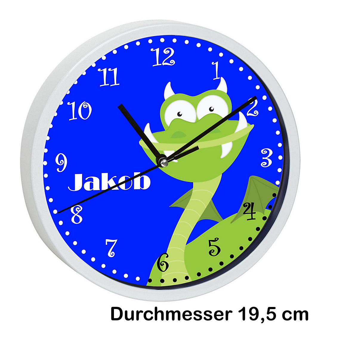 Kinder Wanduhr laufruhig personalisiert mit Name Drache grün