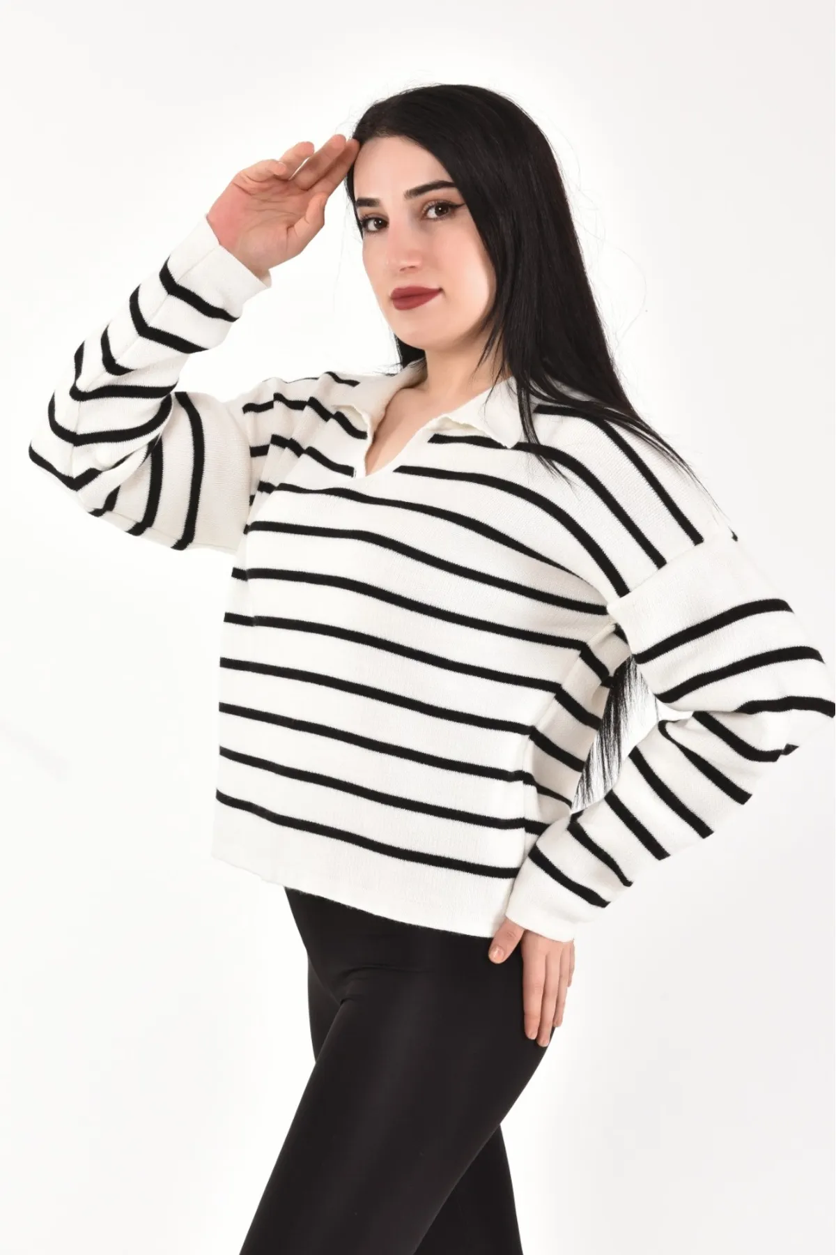 dijimodway  Ecru-schwarz gestreifter Crop-Strickpullover mit Polokragen für Damen