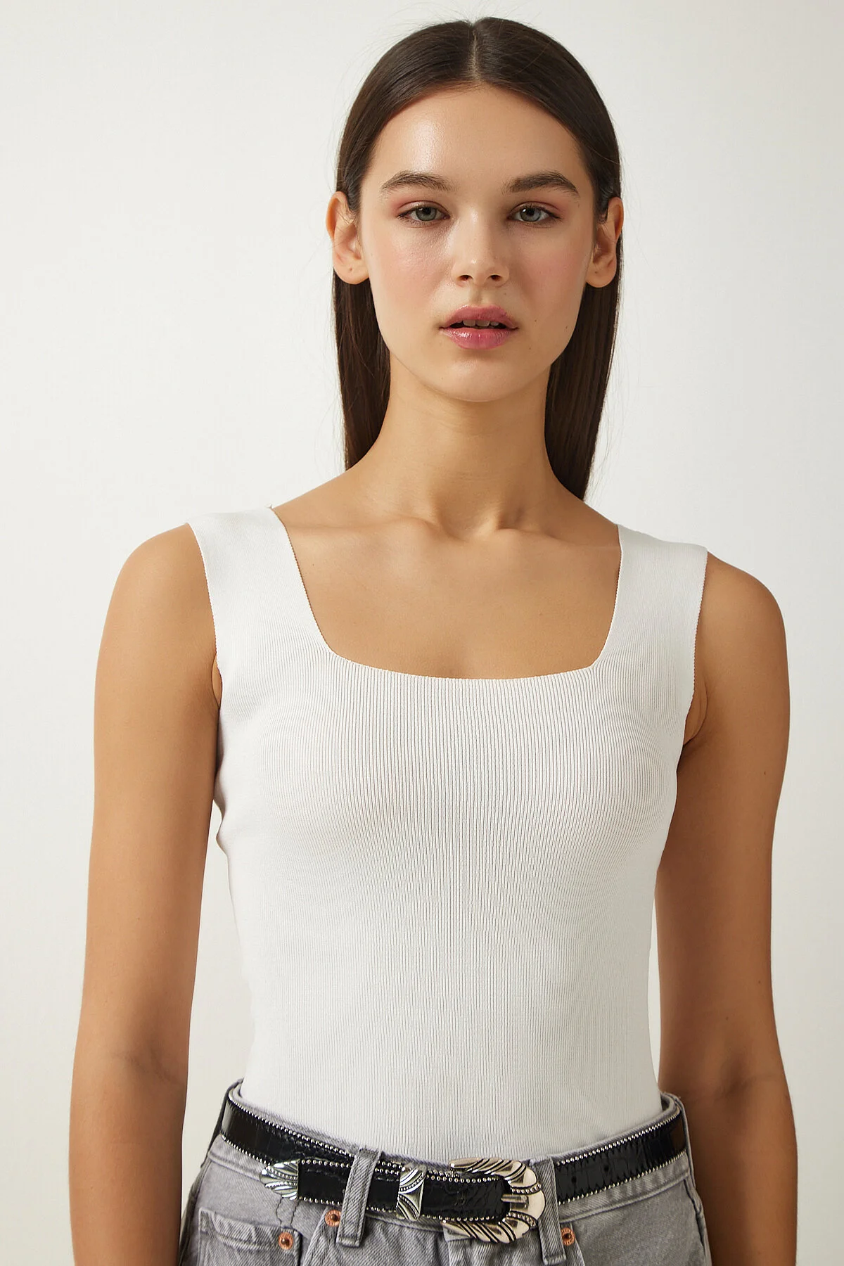 Happiness İstanbul  Schwarz-weiße Damen-Strickbluse mit quadratischem Kragen und dicken Trägern im 2er-Pack US00822