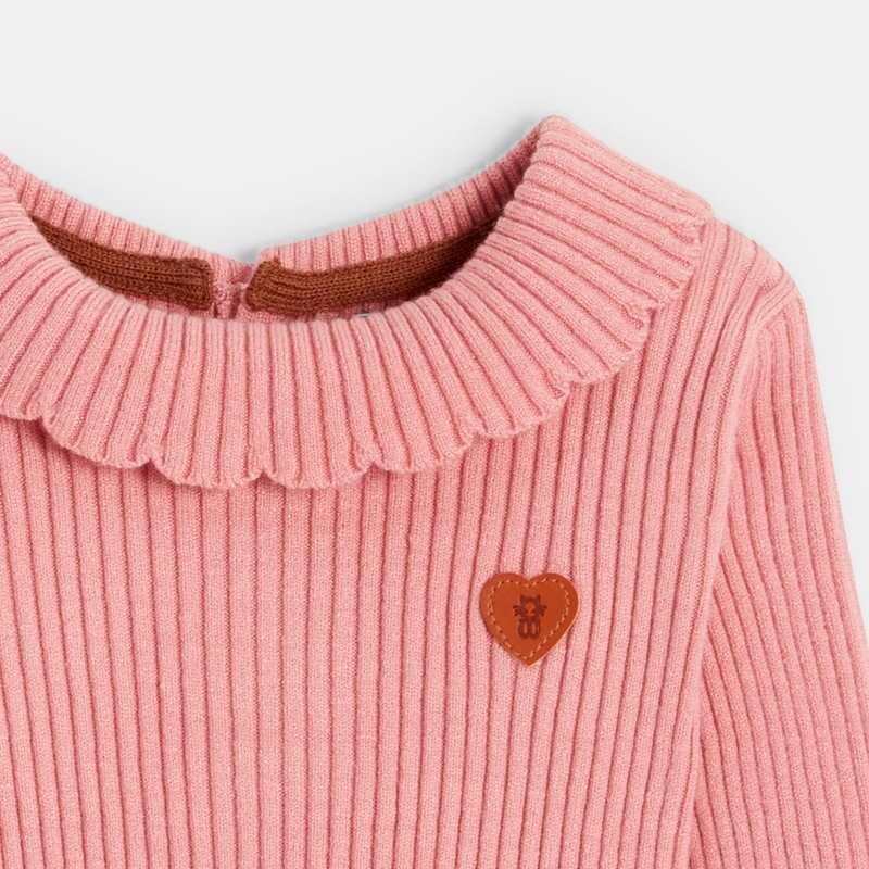 Pull maille tricot côtelé à col rose bébé fille