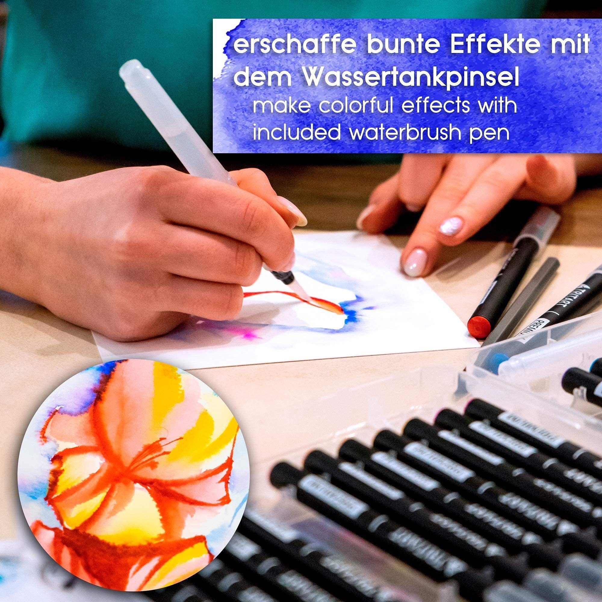 Tritart Pinselstift Pinselstift-Set - 24 Stifte, 2 Wasserpinsel, 15 Aquarellblätter, Brush Pens Set - 24 Pens, 2 Water Brushes, 15 Sheets