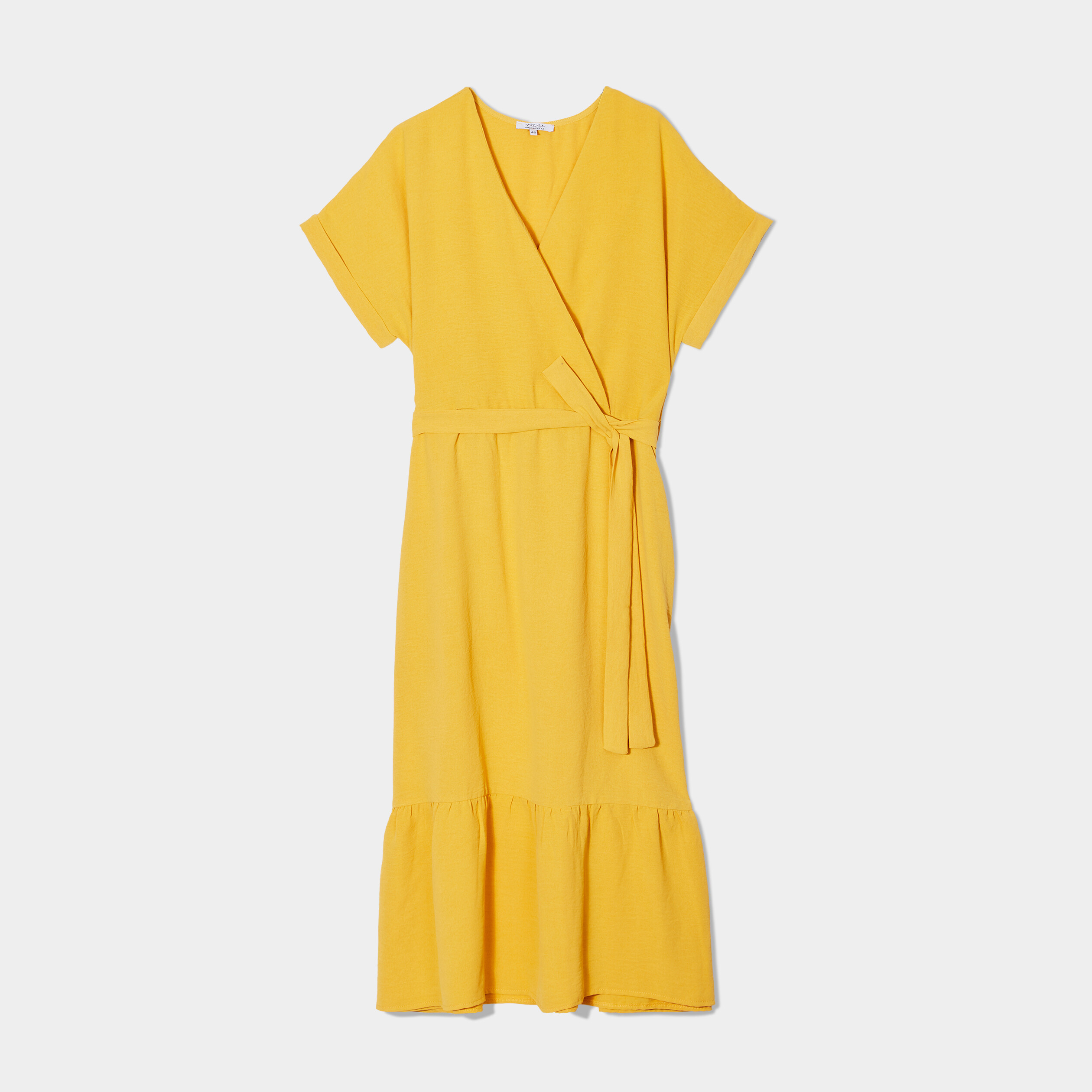 Robe cache-coeur évasée ceinturée jaune moutarde femme | La Halle