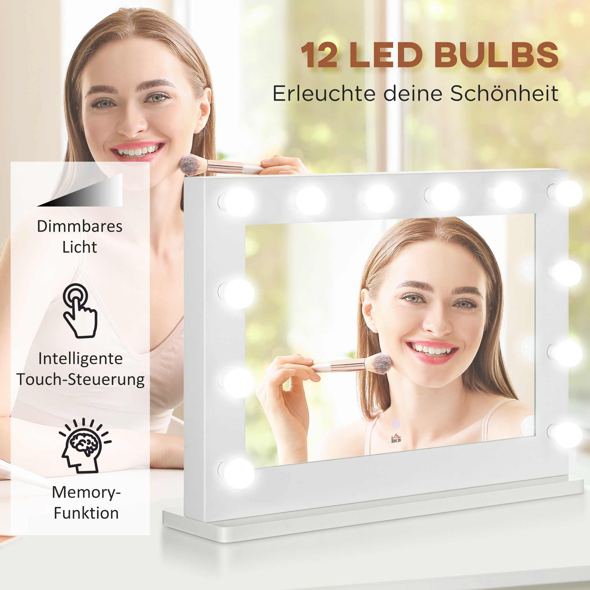 HOMCOM Spiegel Kosmetikspiegel mit 12 Dimmbare LED Lampen (Schminkspiegel, 1-St., Hollywood Spiegel), 80 x 60 cm