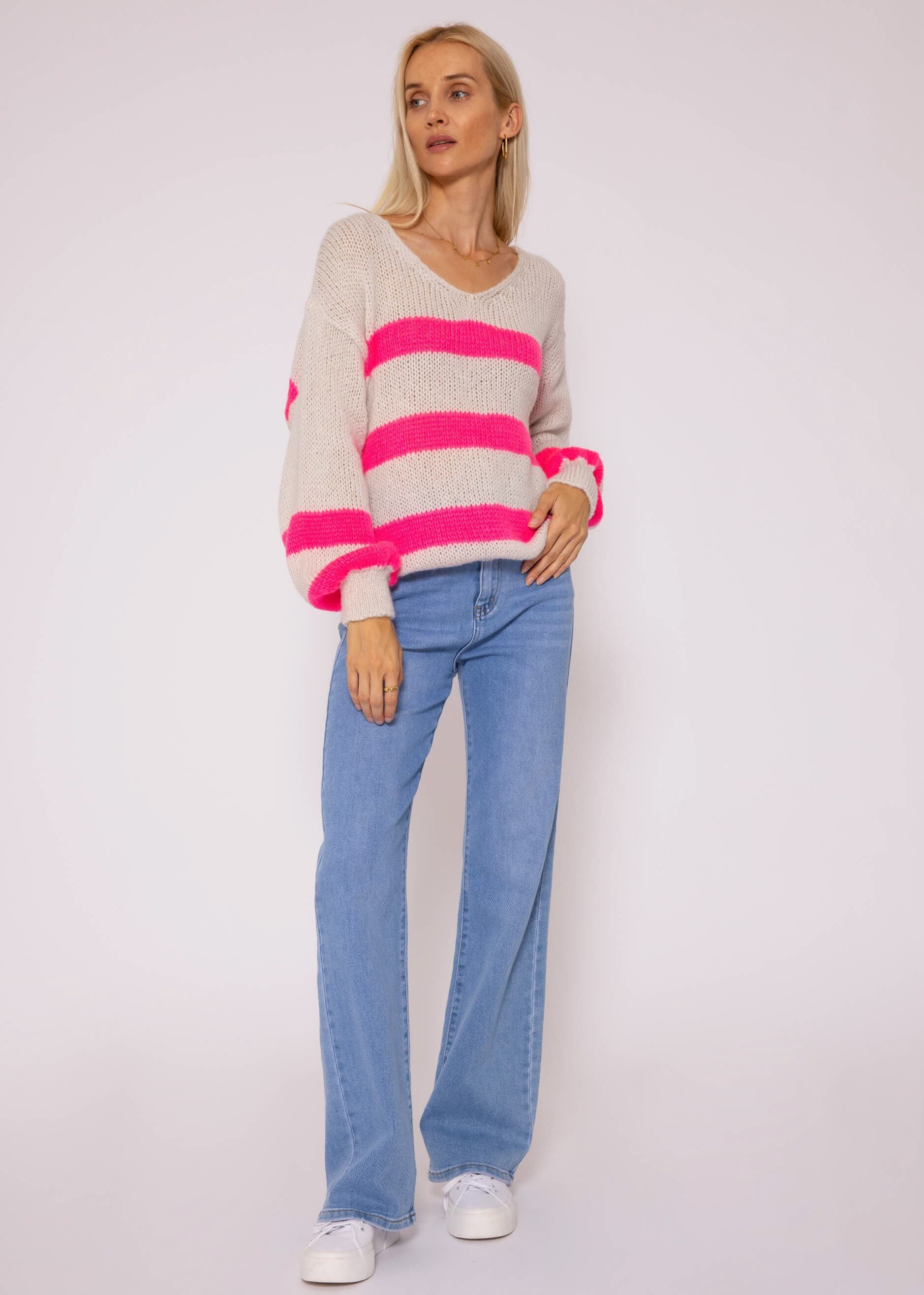 SASSYCLASSY Strickpullover Oversize Pullover Damen aus weichem Grobstrick Lässiger Strickpullover mit Streifen und V-Ausschnitt, Made in Italy