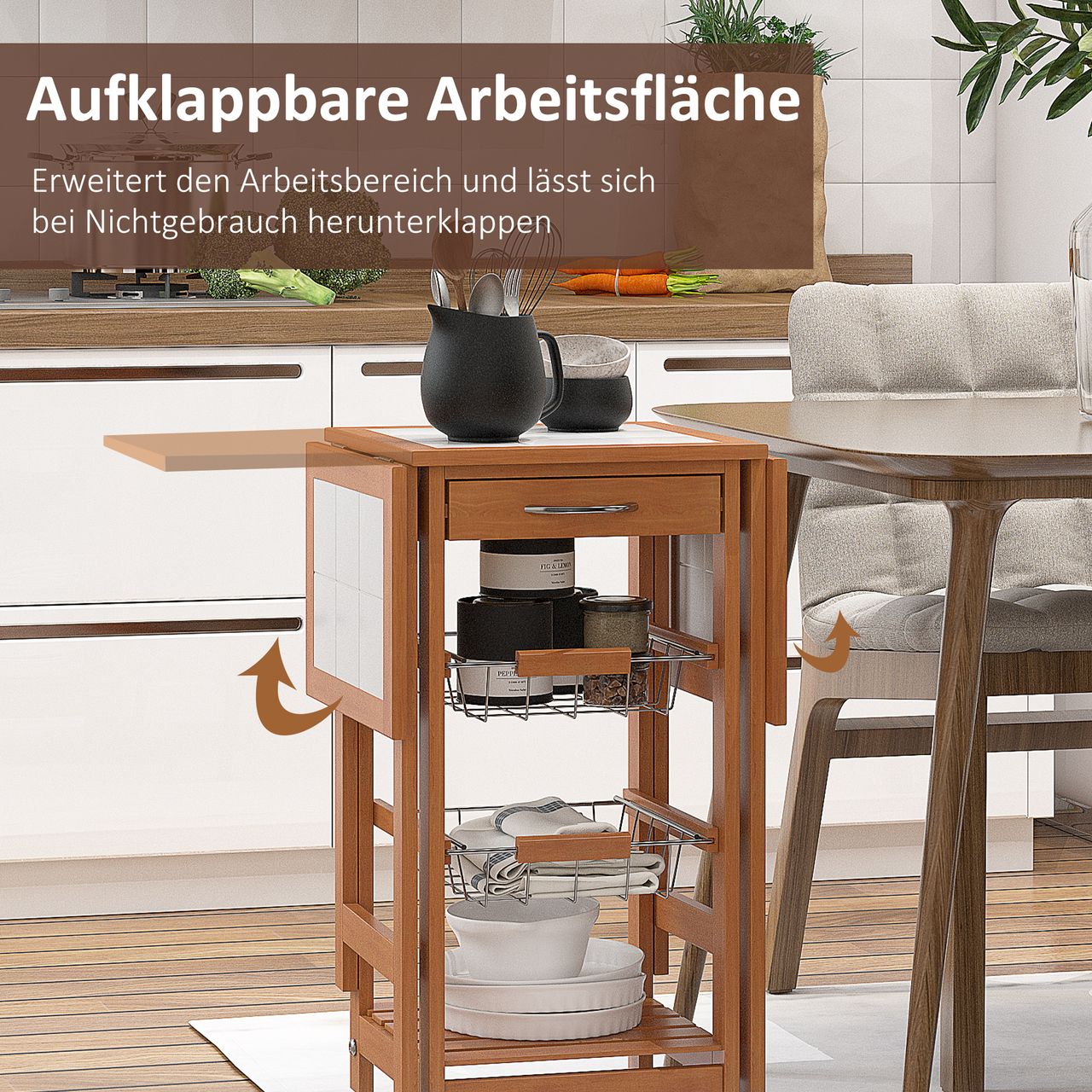 HOMCOM Küchenwagen, Rollwagen mit klappbarer Tischplatte, Servierwagen, Natur