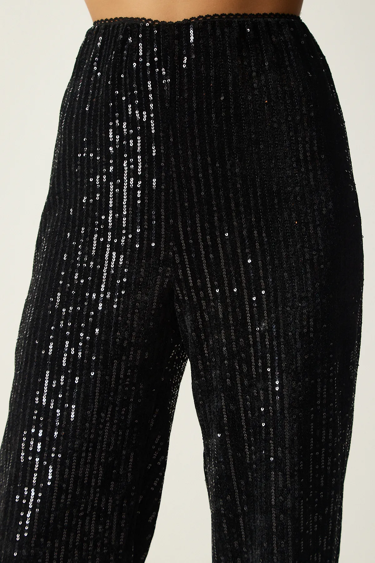 Happiness İstanbul  Schwarze Palazzo-Hose mit Pailletten für Damen MC00250