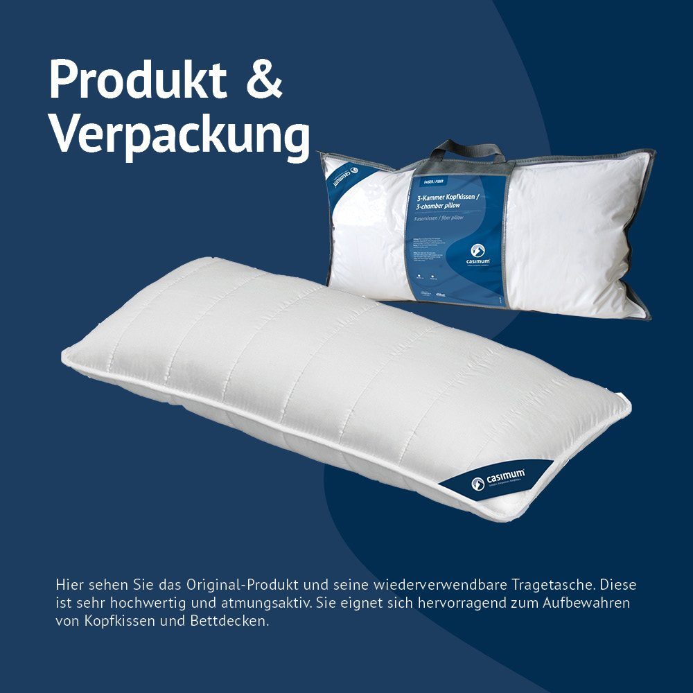 3-Kammer-Kopfkissen 3D-Hohlfaser (100% Polyester), casimum, Füllung: 3D-Hohlfaser, 100% Polyester (Außen), Bezug: Baumwolle, extrem leicht und komfortabel, für Seiten- & Rückenschläfer, 40x80cm