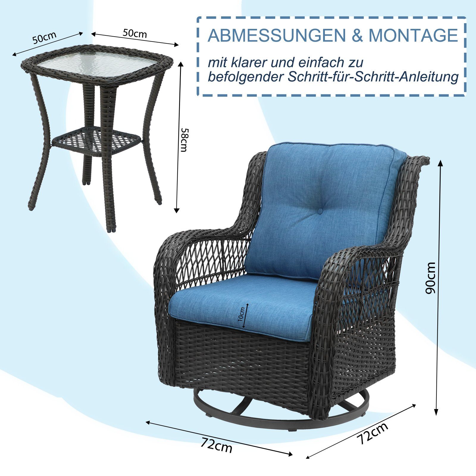 KAHOO Garten-Essgruppe 3tlg. Balkonmöbel Set, Polyrattan, inkl. Kissen