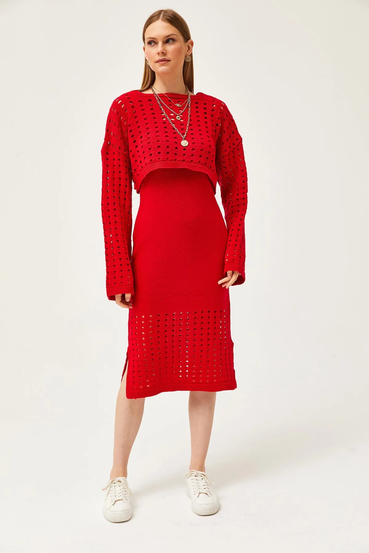 Olalook  Damen-Strickwaren-Set mit rotem Oberteil und durchbrochenem Pullover und unterem durchbrochenem Kleid TKM-19000246