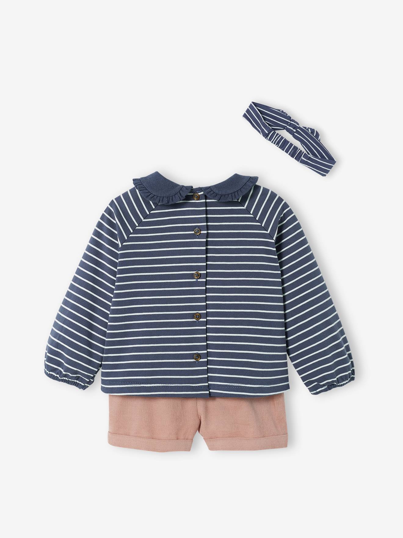 Vertbaudet Baby-Set: Samt-Shorts, Shirt & Haarband - dunkelblau gestreift