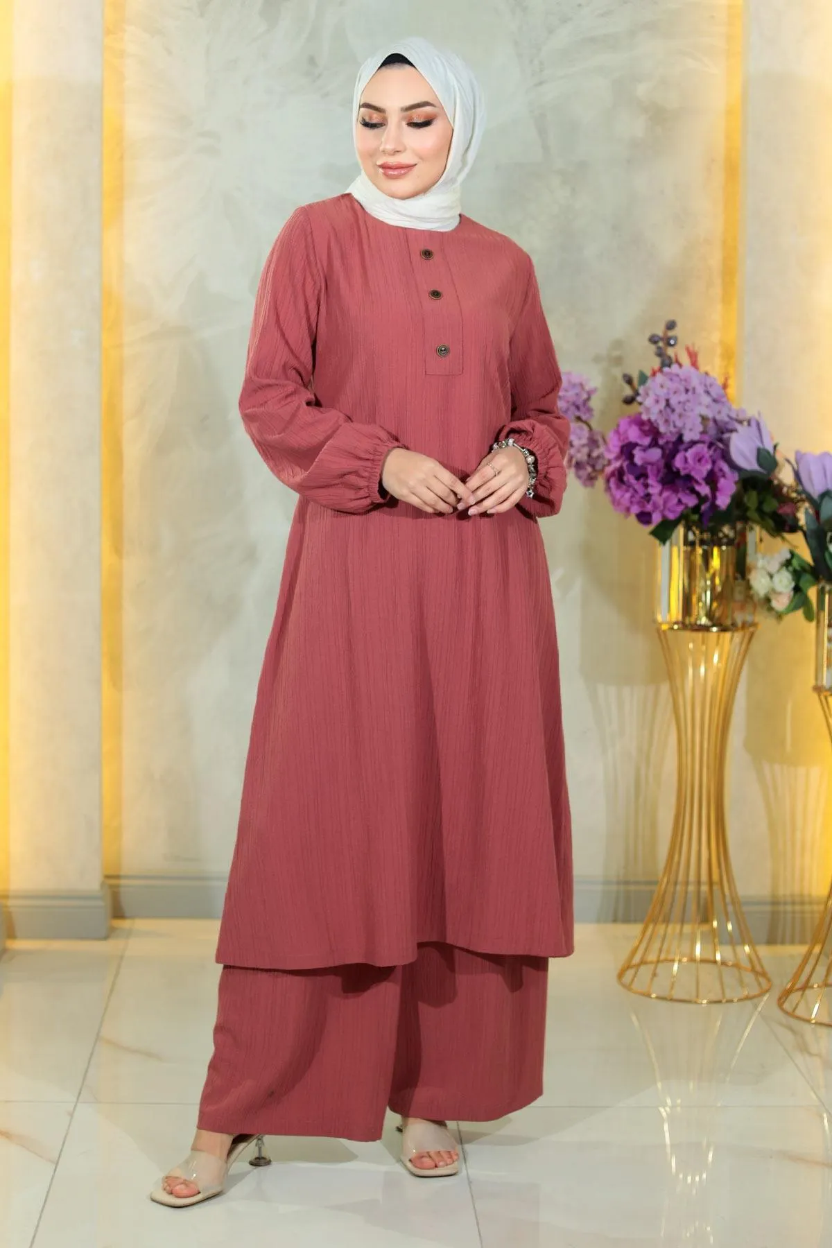 Modamihram  Geknöpftes Hijab-Set, getrocknete Rose, 10358