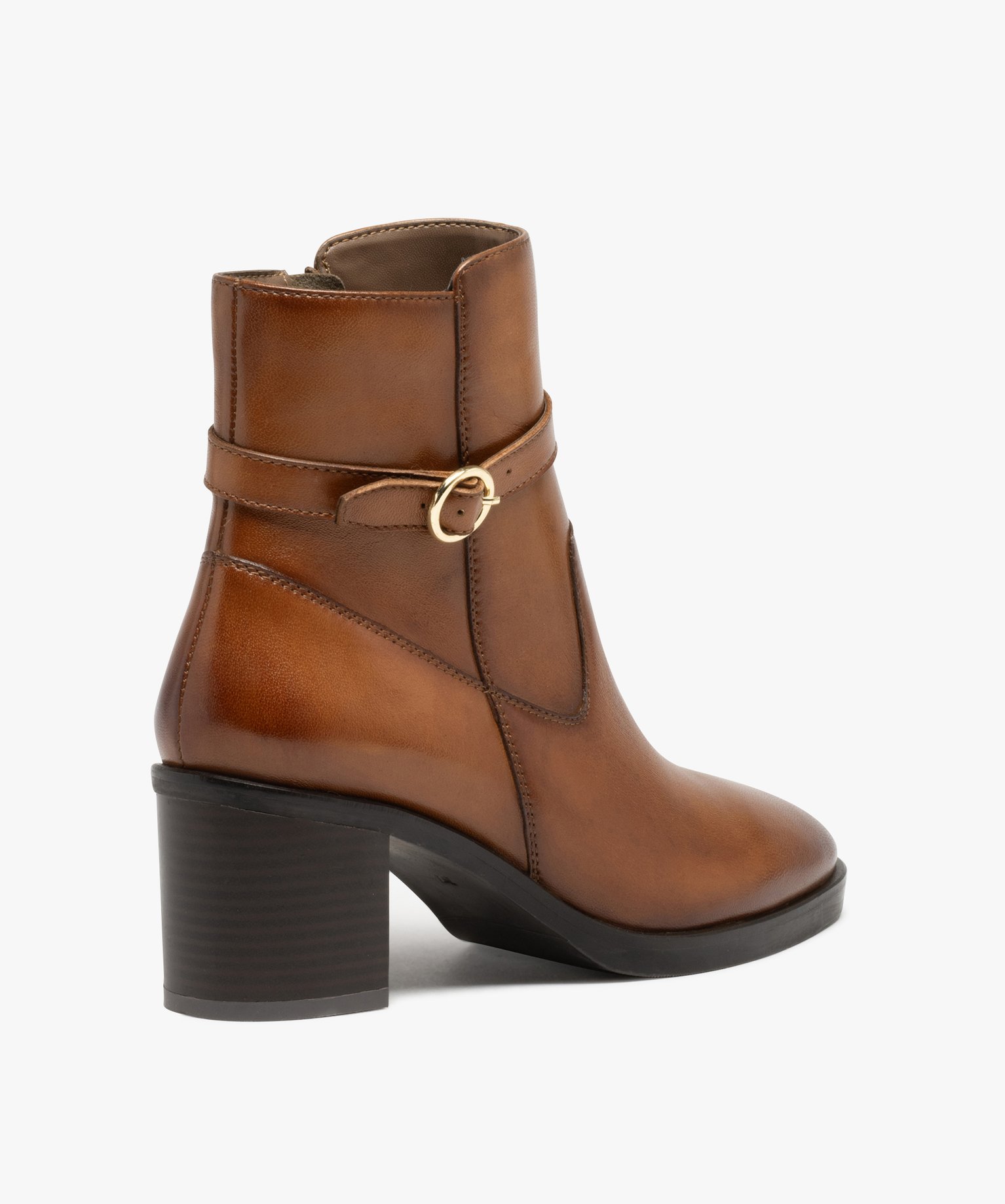 Boots femme en cuir uni à talon carré et bride à boucle -... camel | GEMO