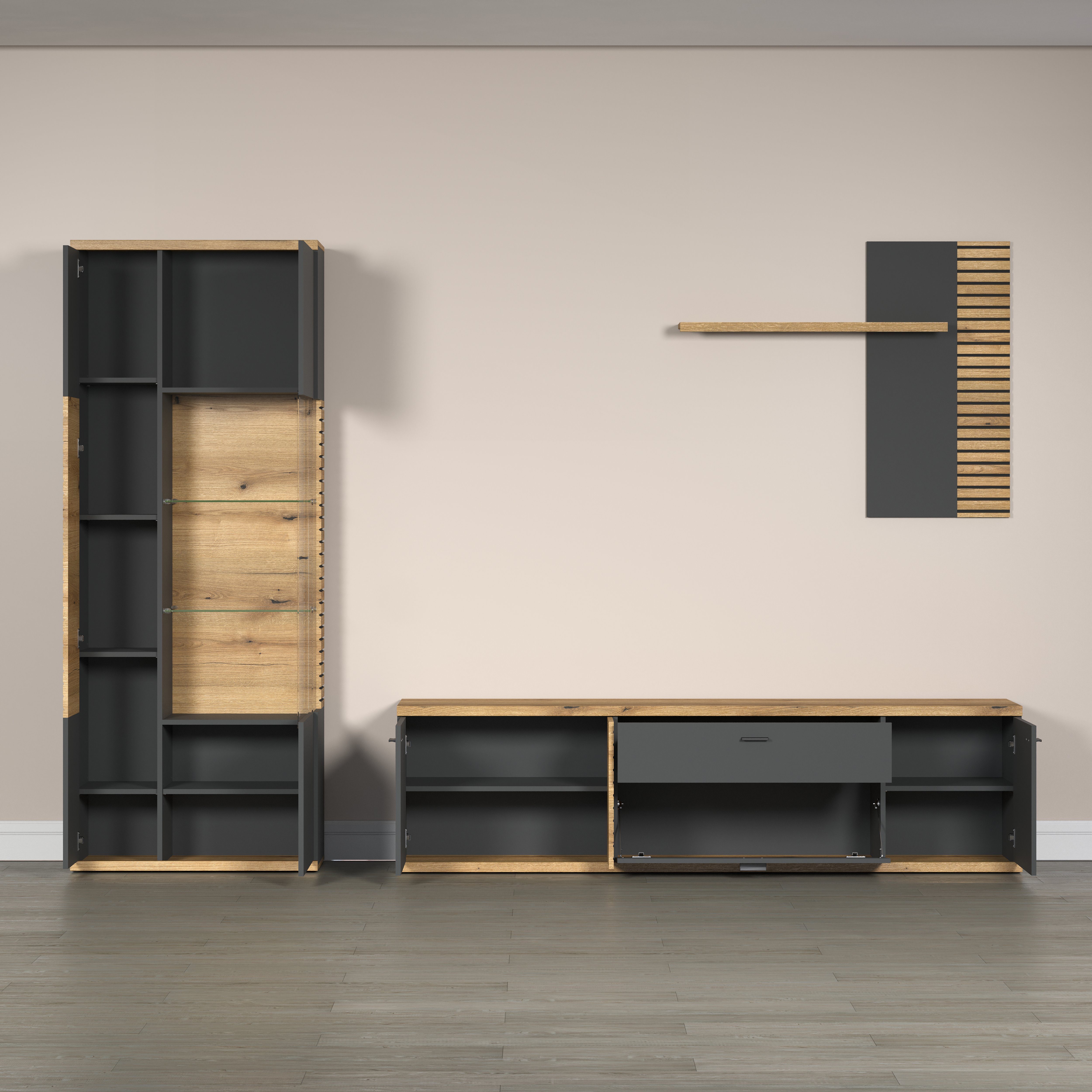 INOSIGN Wohnwand NORRISWW, (Set, 3-St), Wohnwand-Set in Anthrazit mit Coast Evoke Eiche, Türen mit Soft-Close