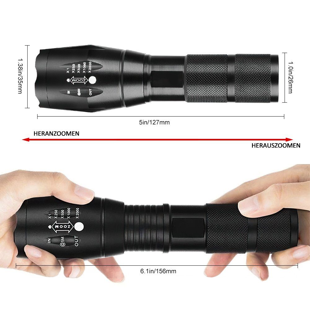 MDHAND LED Taschenlampe 1000 Lumen Zoombar Helle Klein Taschenlampen, 5 Lichtmodi (2-St), Ohne Batterien