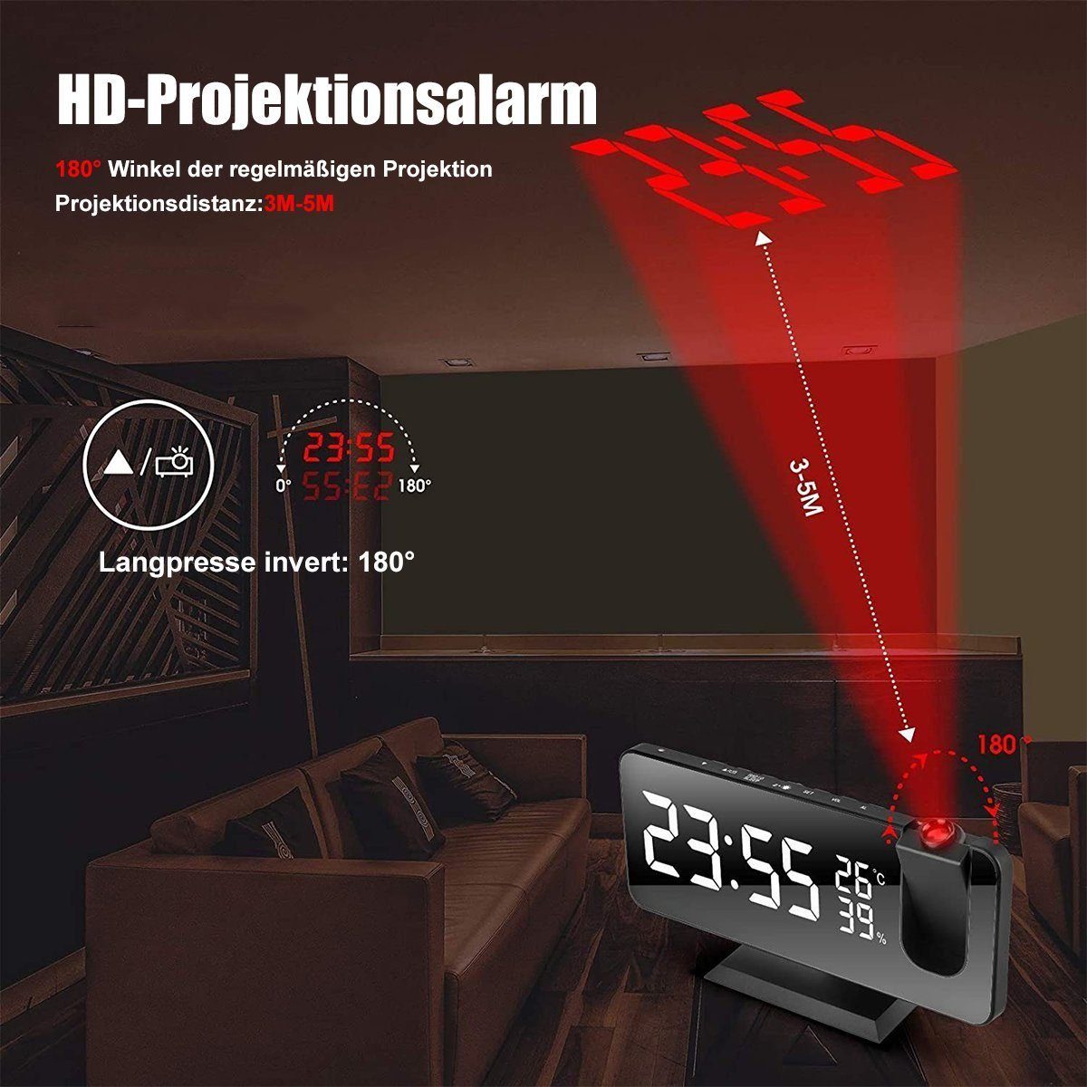 DOPWii Wecker Projektionswecker,32 FM-Radio mit Projektion 180 °