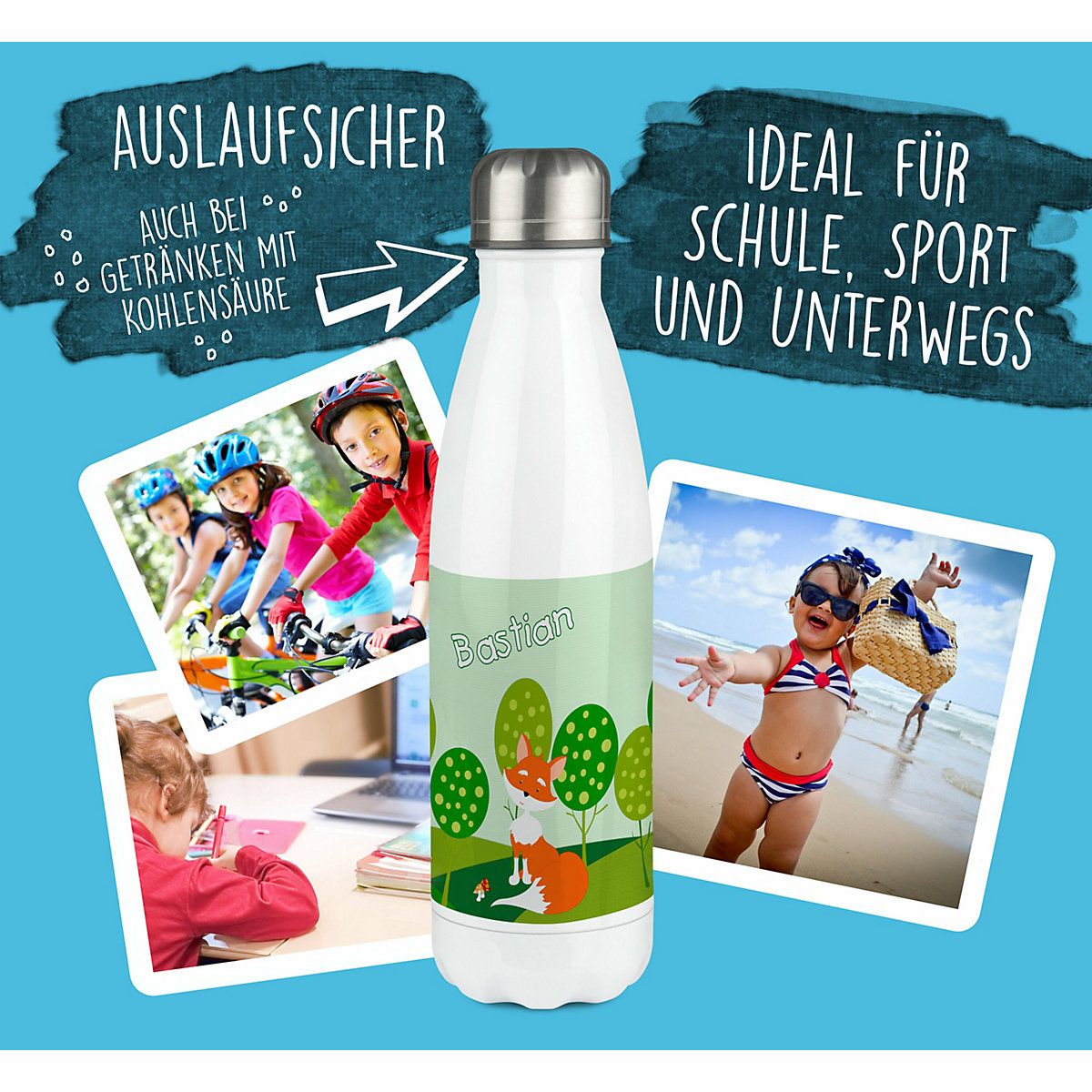 Edelstahl Kinder Thermoflasche / Trinkflasche bunt Fuchs Spülmaschinenfest, Auslaufsicher, Bruchfest, Doppelwandig, Für Heißgetränke geeignet, Mit Deckel, Isoliert