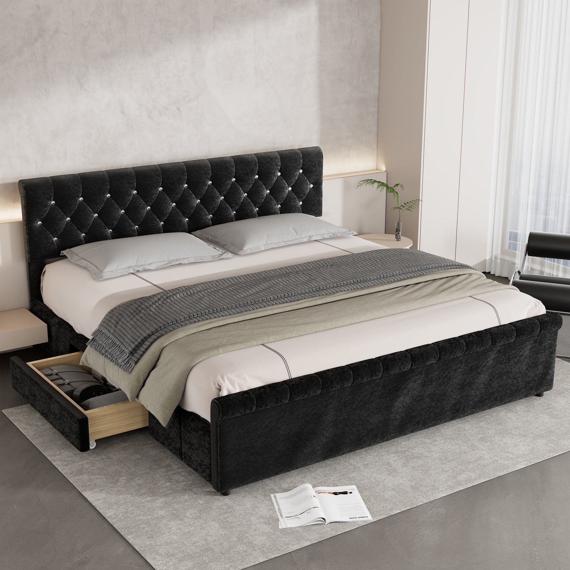 OKWISH Polsterbett Jugendzimmer (mit Lattenrost und Rückenlehne, Doppelbett mit 2 Schublade, Kopfteil mit diamantförmigen Zugpunkten Schlittenform), Einfache Montage, Schneeflocken-Vlies, schwarz