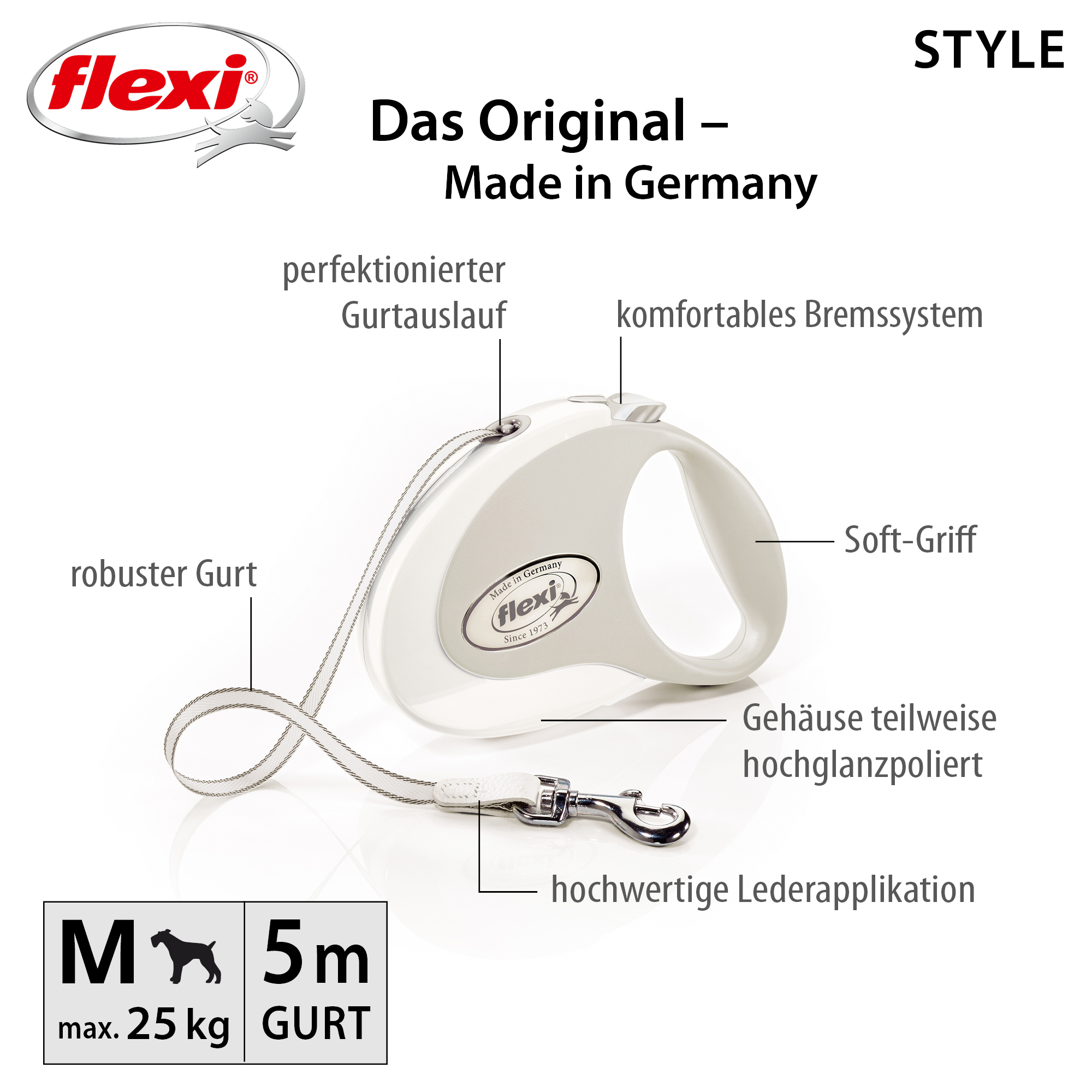 Flexi Hundeleinen Flexi Style Gurt weiß M, 5 m, 25 kg