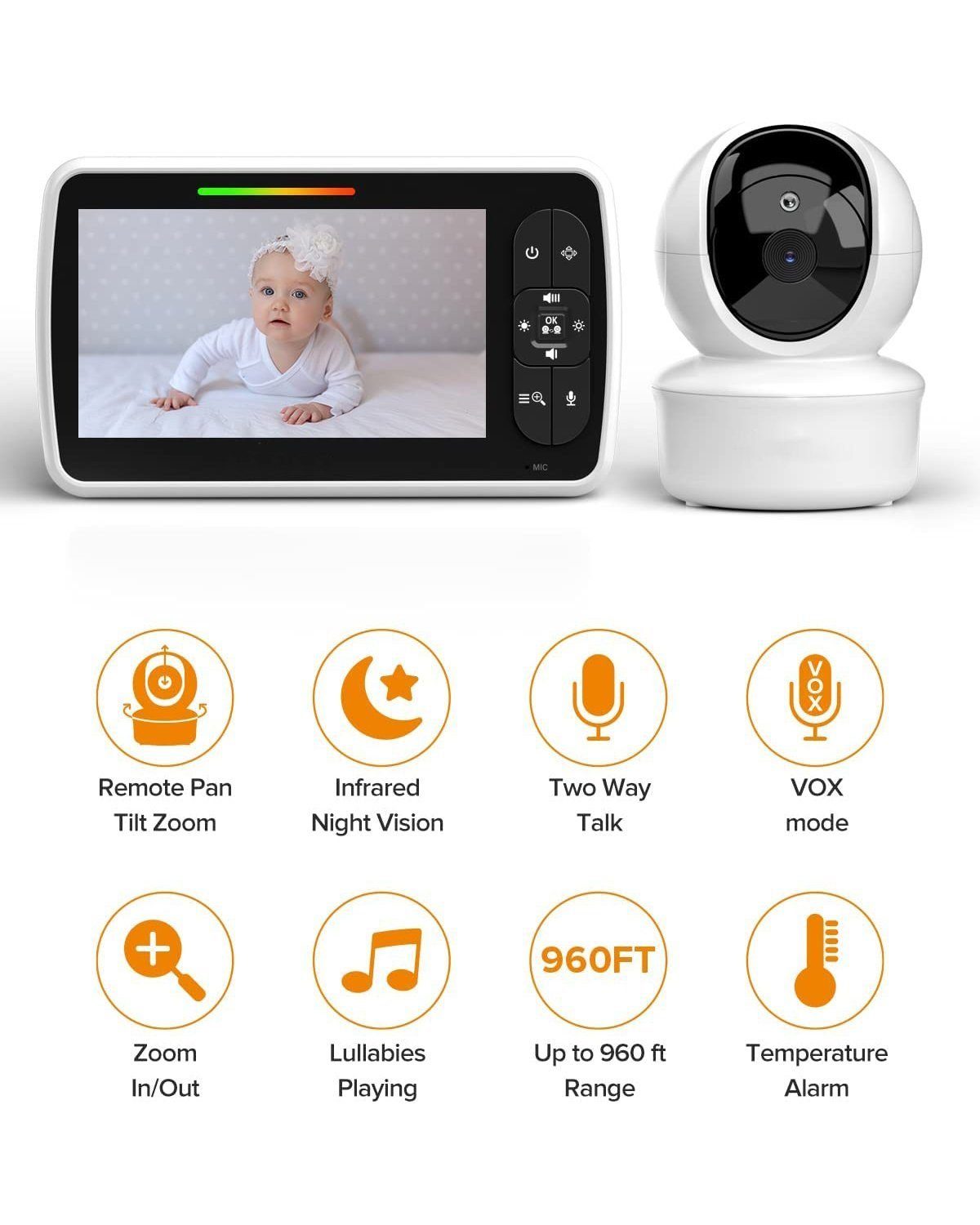 Mutoy Video-Babyphone Babyphone mit Kamera, Ferngesteuerter Pan-Tilt-Zoom, Extra Großer 5-Zoll-LCD-Bildschirm, Infrarot-Nachtsicht, Temperaturanzeige, Schlaflieder, Zwei-Wege-Audio, Gegensprechfunktion und Smart ECO-Modus